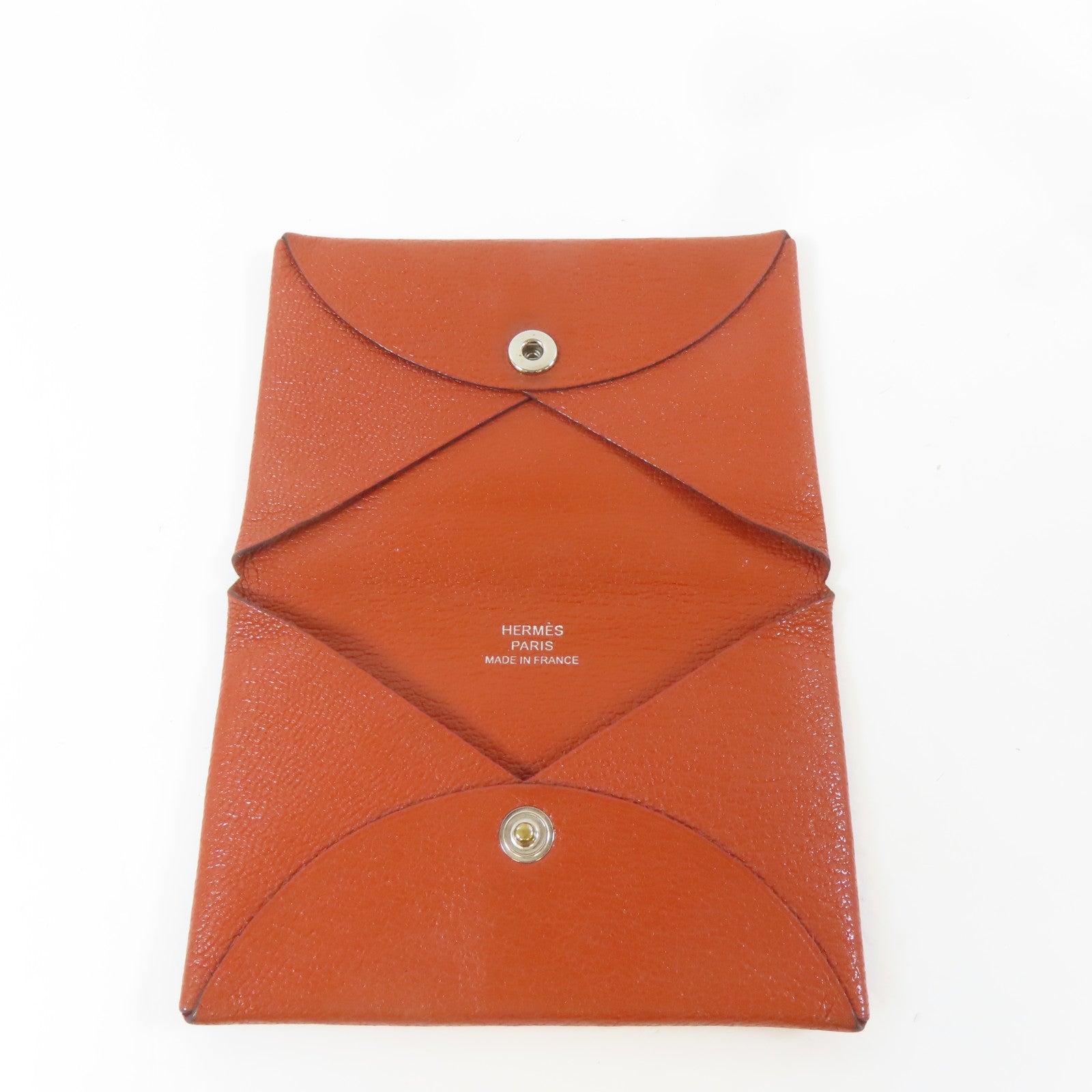 HERMES 【激減優惠】Chevre皮革Calvi銀扣卡片套橙色
