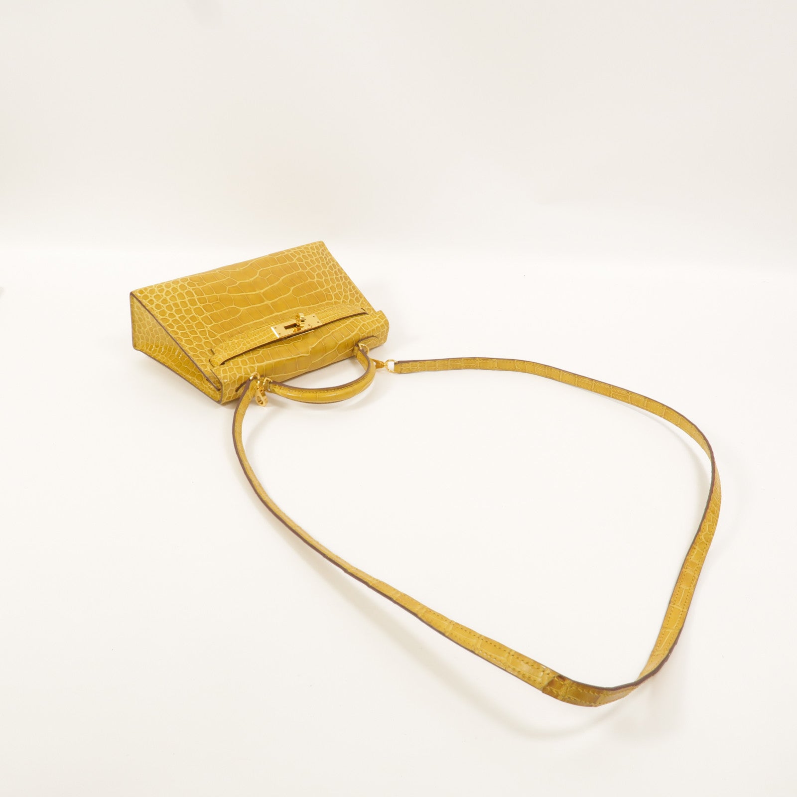 HERMES Alligator皮革Mini Kelly手挽肩背兩用袋Jaune Ambre