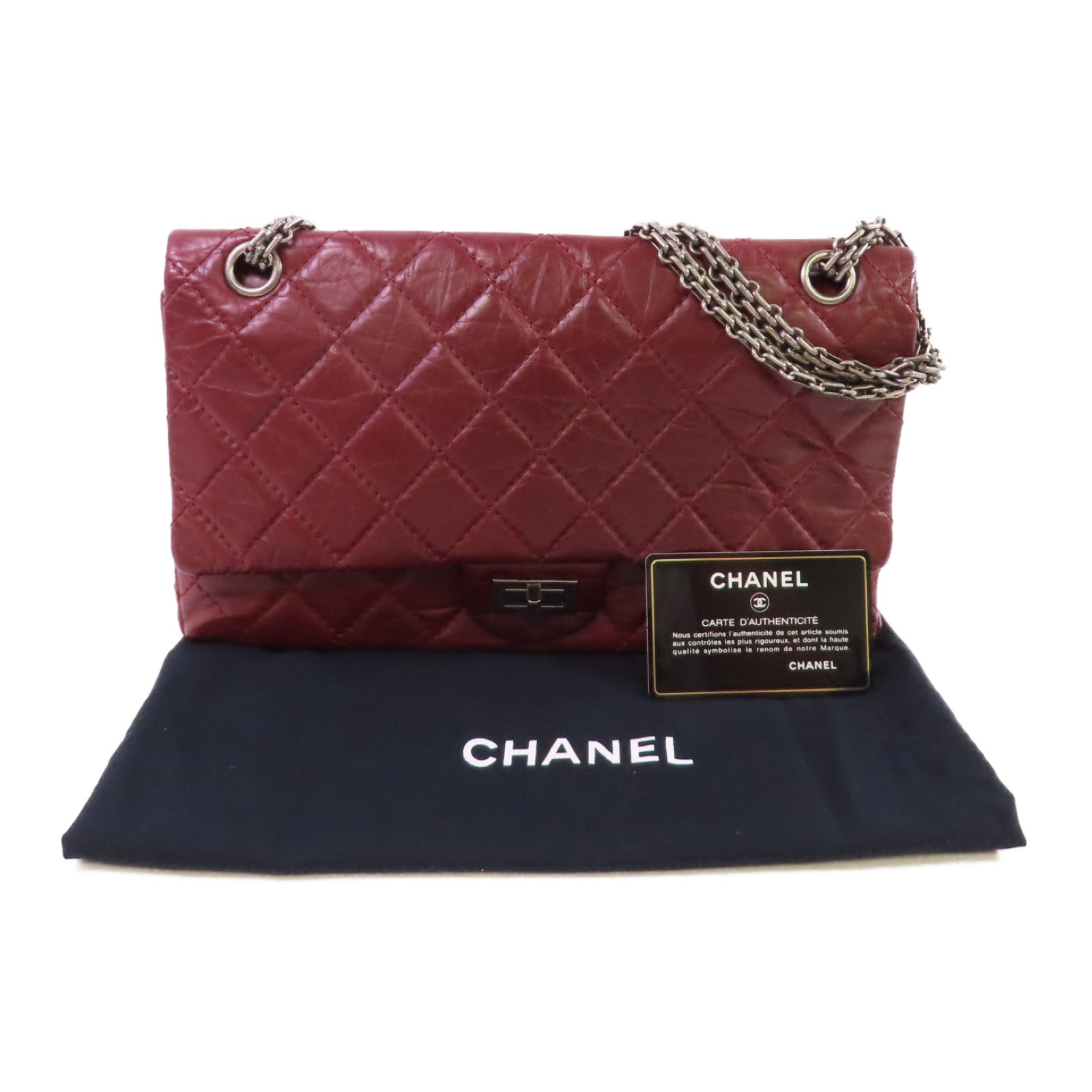 CHANEL 【激減優惠】菱格牛皮皮革Chanel 2.55 Chain Shoulder Bag銀扣鏈帶肩背袋酒紅色
