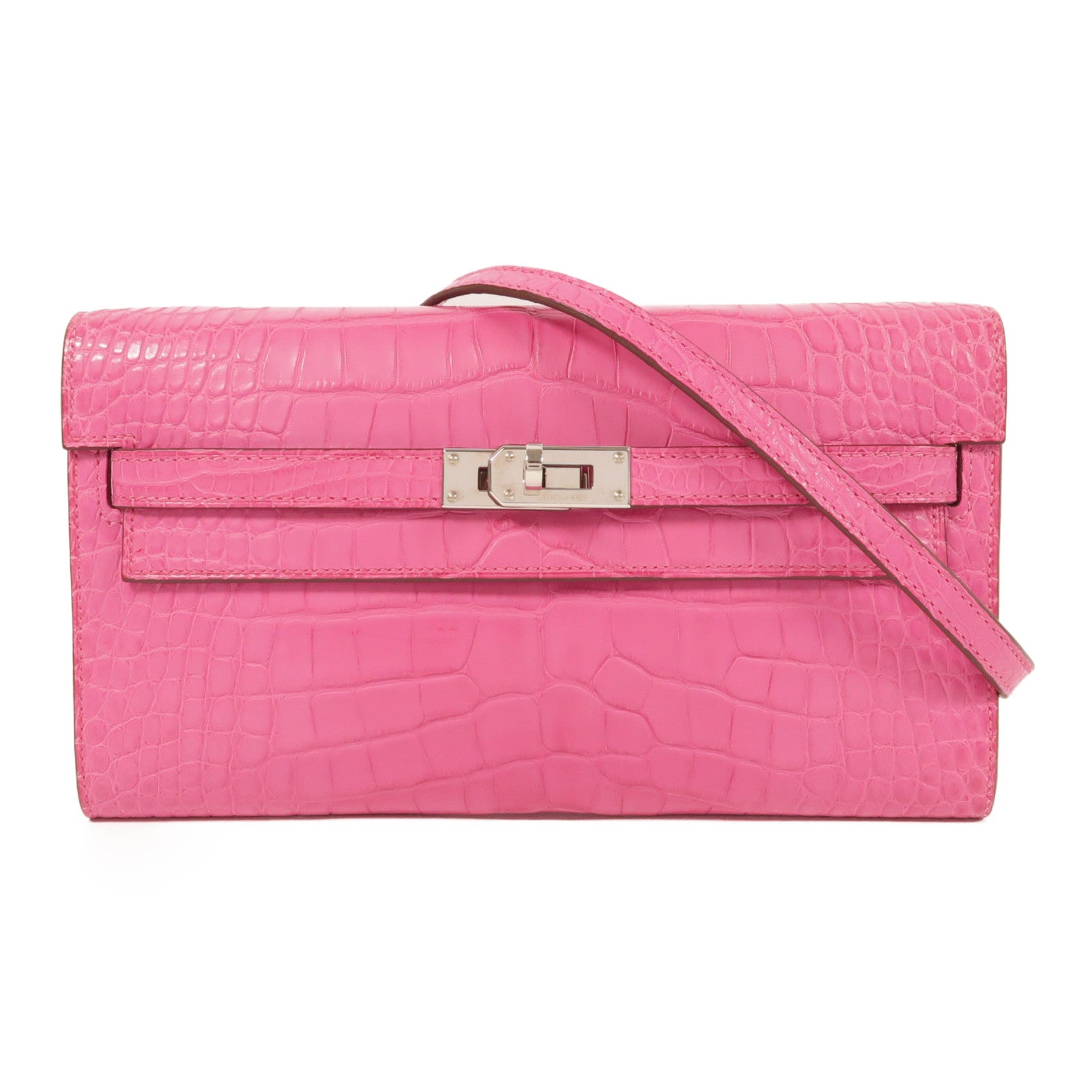 HERMES Alligator Mat皮革Kelly To Go銀扣肩背袋Rose Shocking
