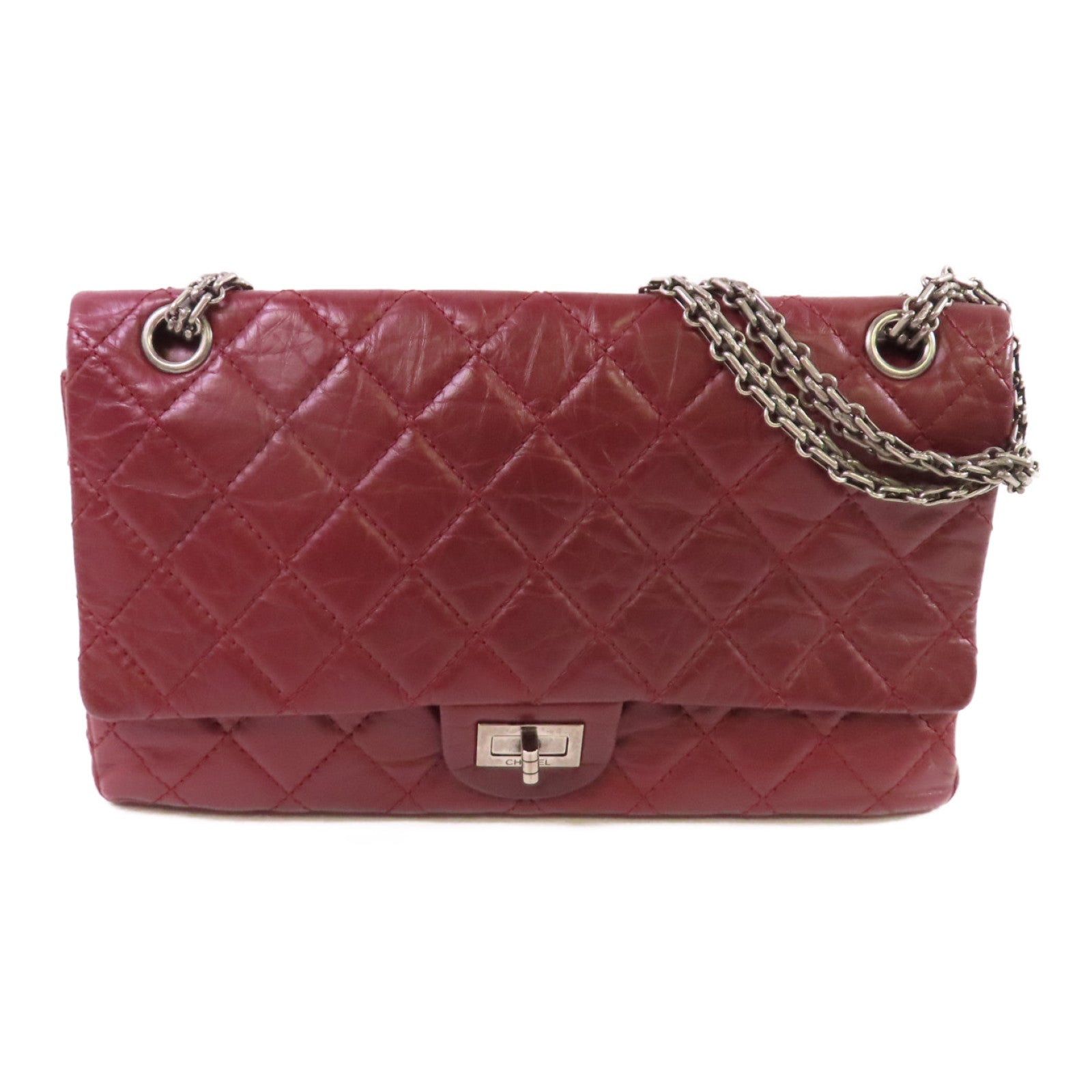 CHANEL 【激減優惠】菱格牛皮皮革Chanel 2.55 Chain Shoulder Bag銀扣鏈帶肩背袋酒紅色