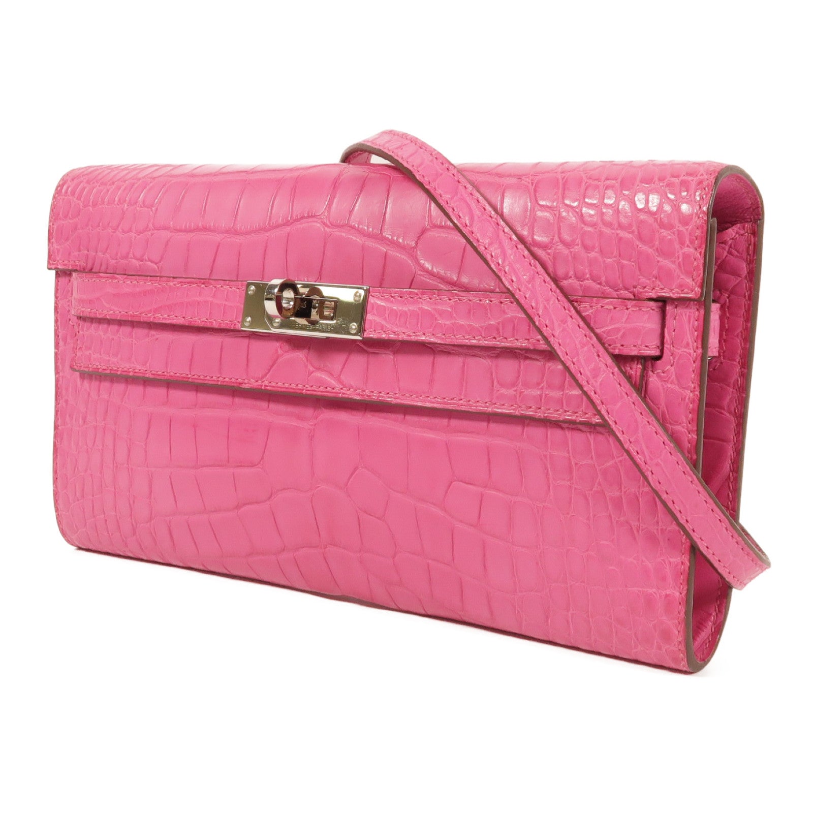 HERMES Alligator Mat皮革Kelly To Go銀扣肩背袋Rose Shocking