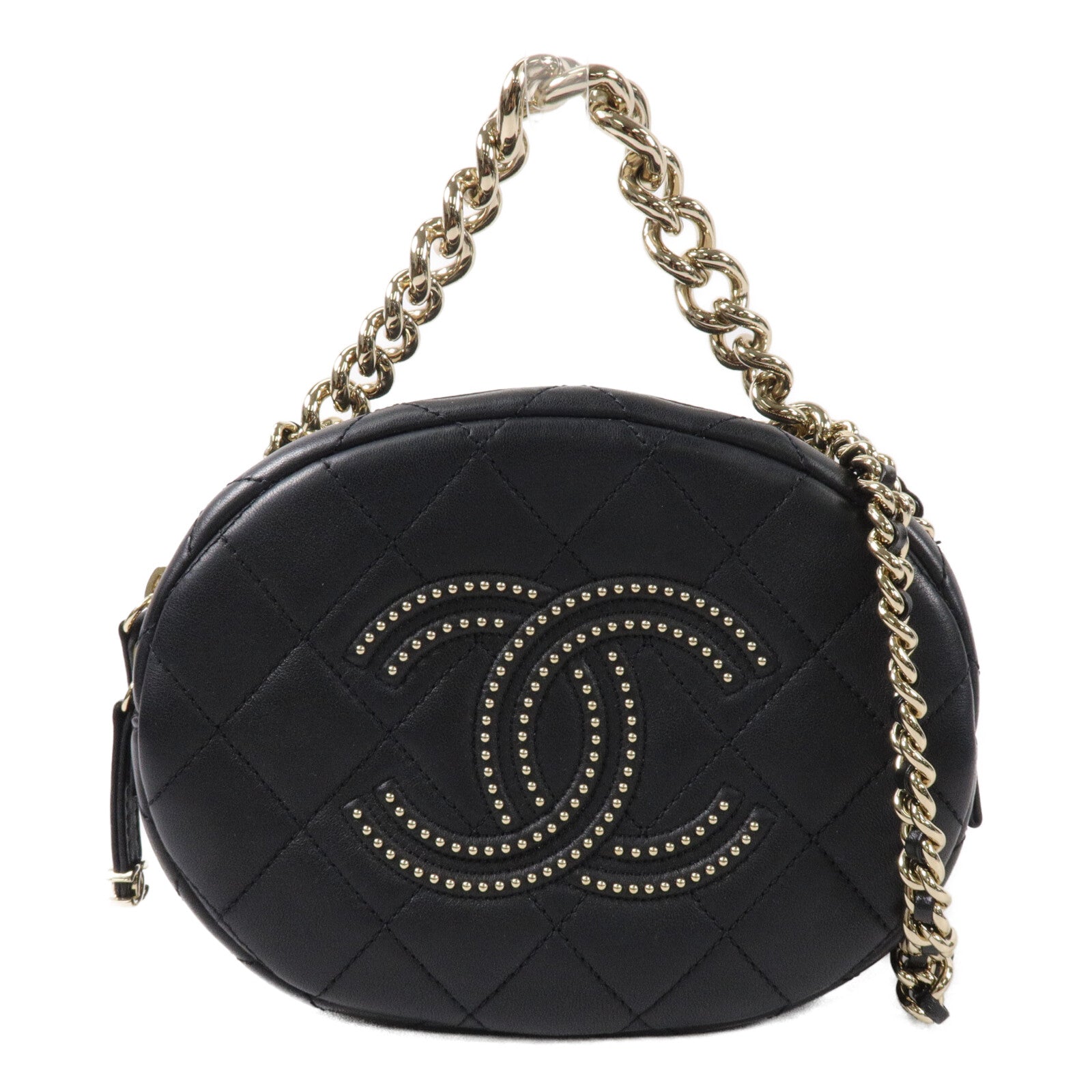 CHANEL 牛皮皮革Chain Handle Studded CC鏈帶手挽肩背兩用袋