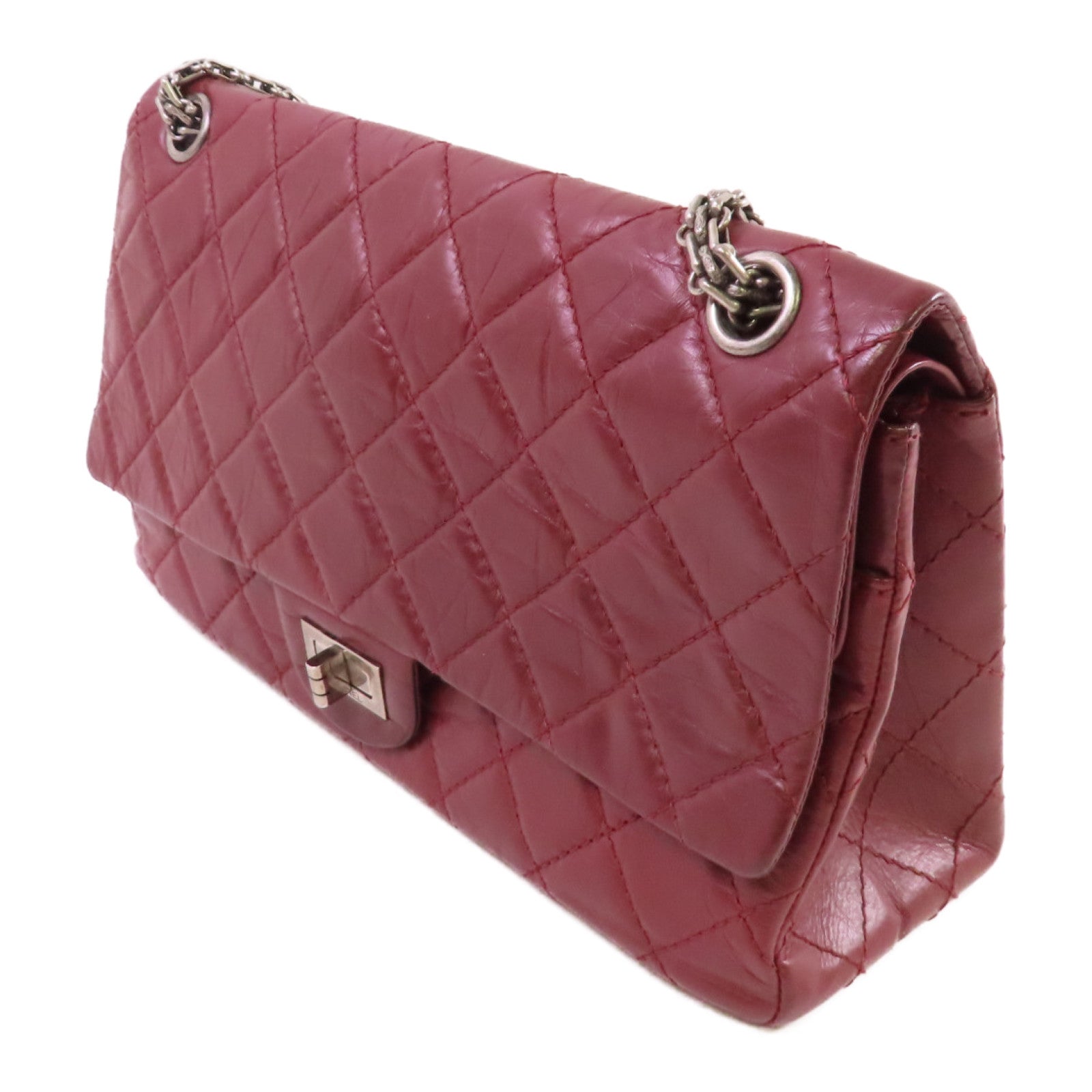 CHANEL 【激減優惠】菱格牛皮皮革Chanel 2.55 Chain Shoulder Bag銀扣鏈帶肩背袋酒紅色