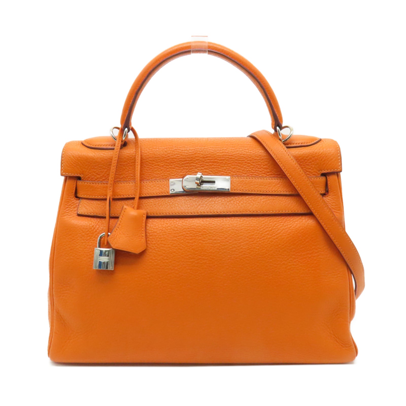 HERMES **【激減優惠】Clemence皮革Kelly 32銀扣手挽肩背兩用袋Orange橙色