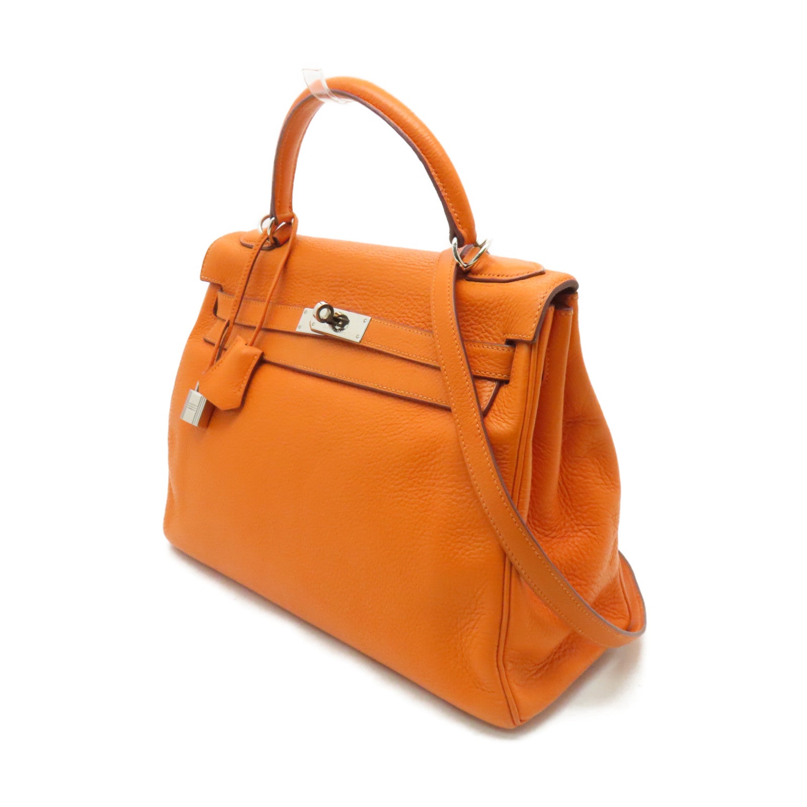 HERMES **【激減優惠】Clemence皮革Kelly 32銀扣手挽肩背兩用袋Orange橙色