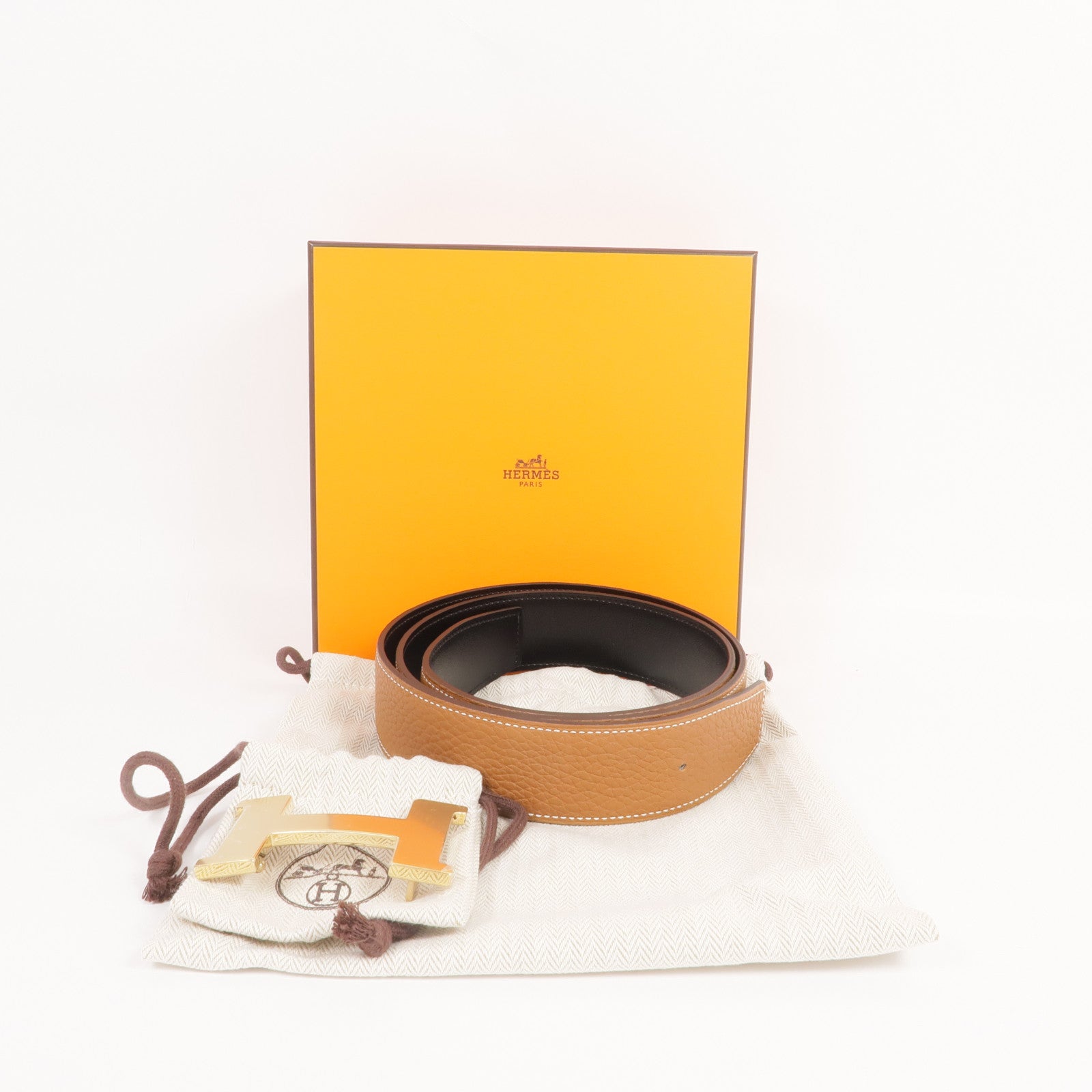 HERMES Togo/Box Calf皮革H Belt金扣皮帶Gold/Noir