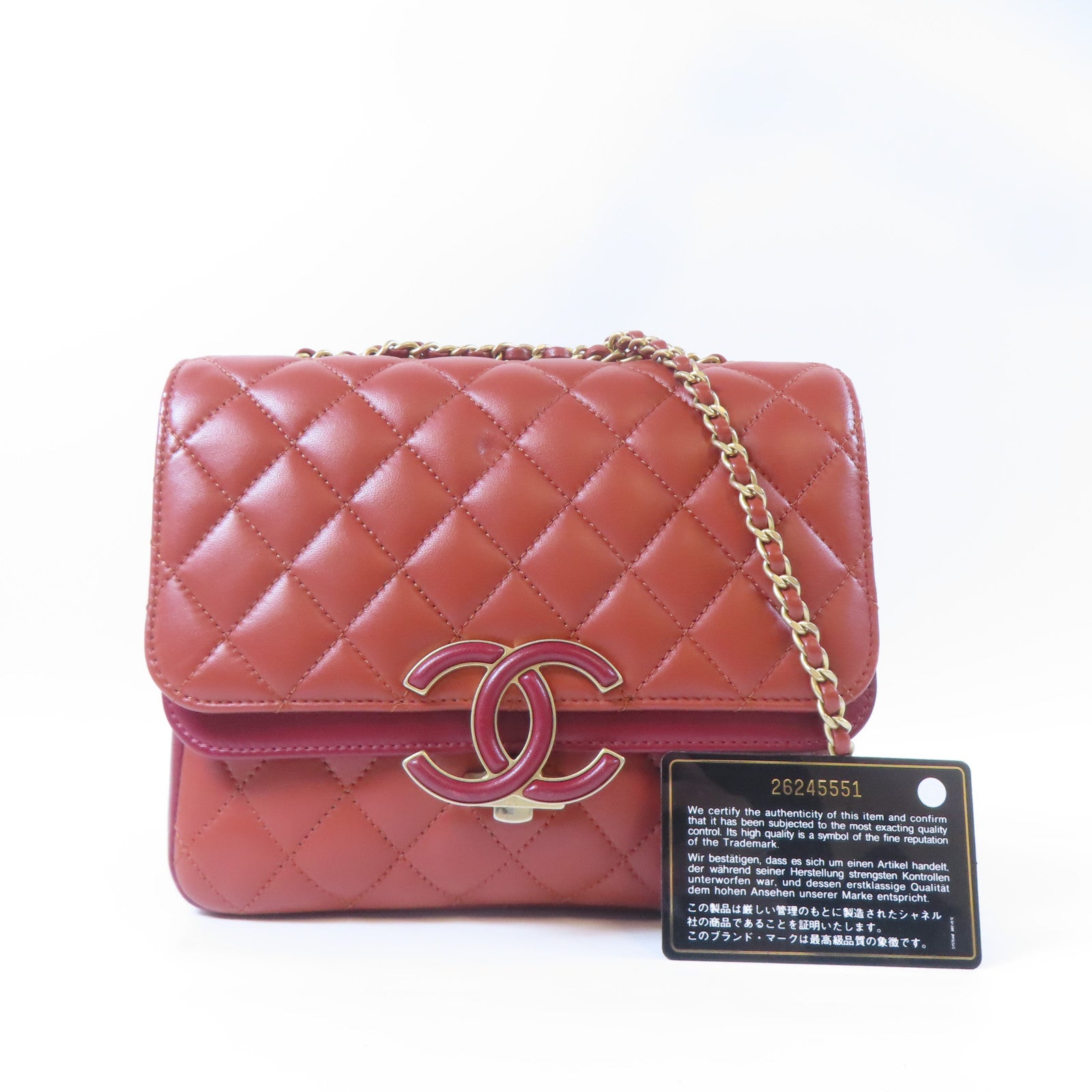 CHANEL 【激減優惠】菱格羊皮皮革Double Flap金扣鏈帶肩背袋紅色