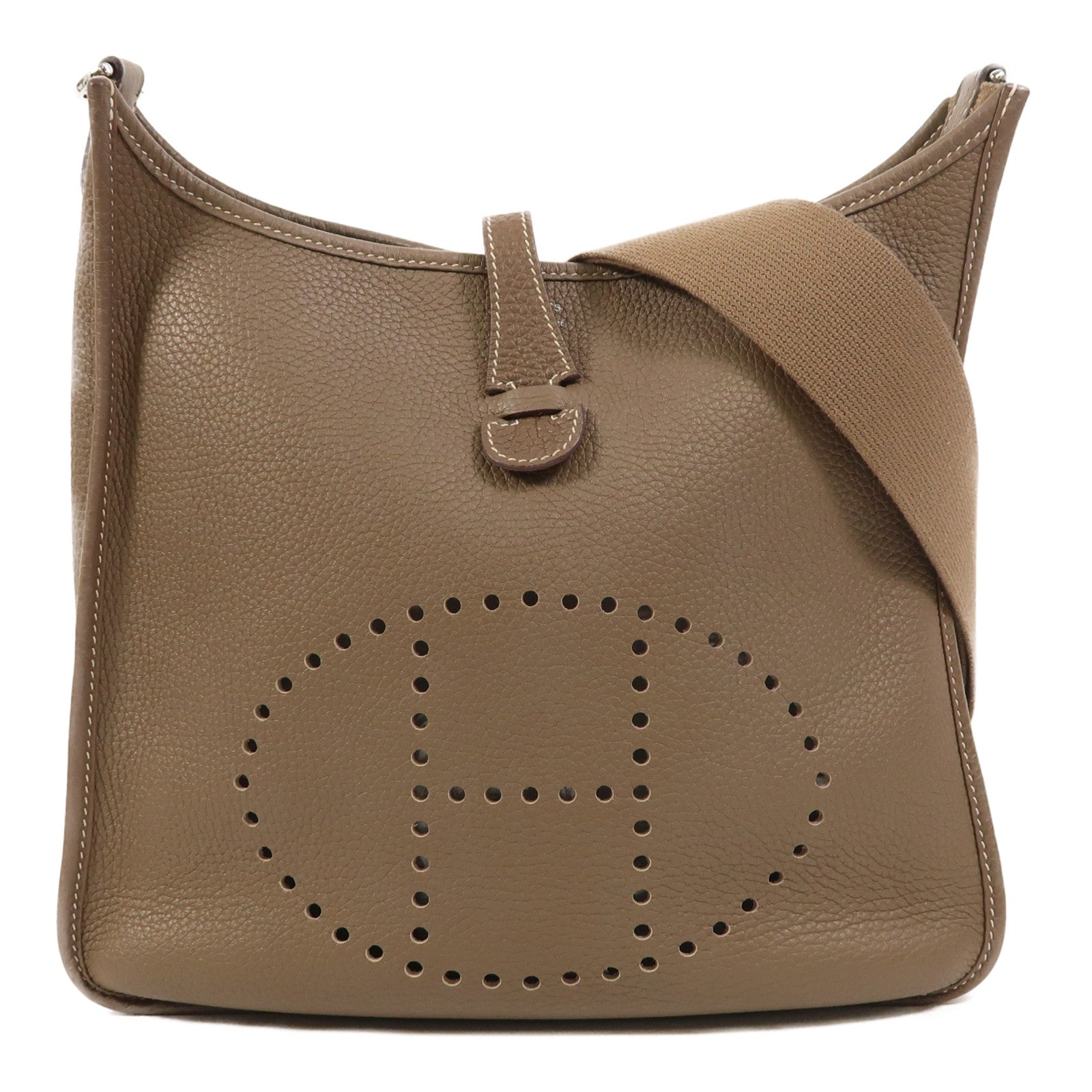 HERMES Clemence皮革Evelyne PM銀扣肩背袋Etoupe