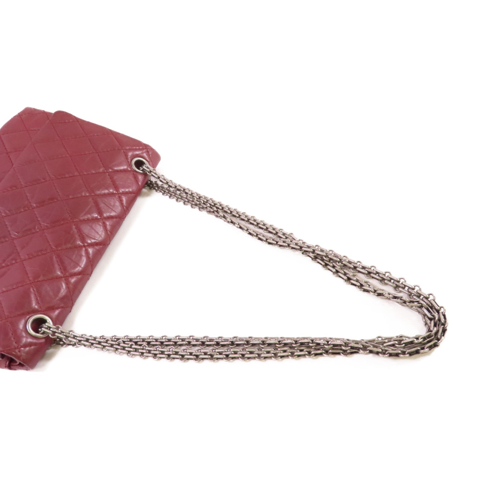 CHANEL 【激減優惠】菱格牛皮皮革Chanel 2.55 Chain Shoulder Bag銀扣鏈帶肩背袋酒紅色
