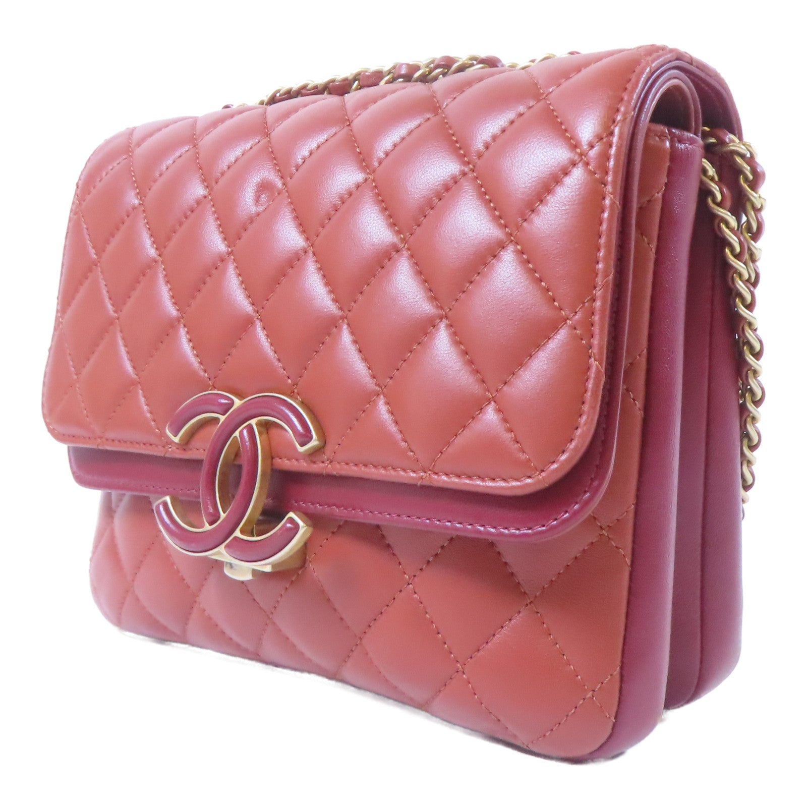 CHANEL 【激減優惠】菱格羊皮皮革Double Flap金扣鏈帶肩背袋紅色