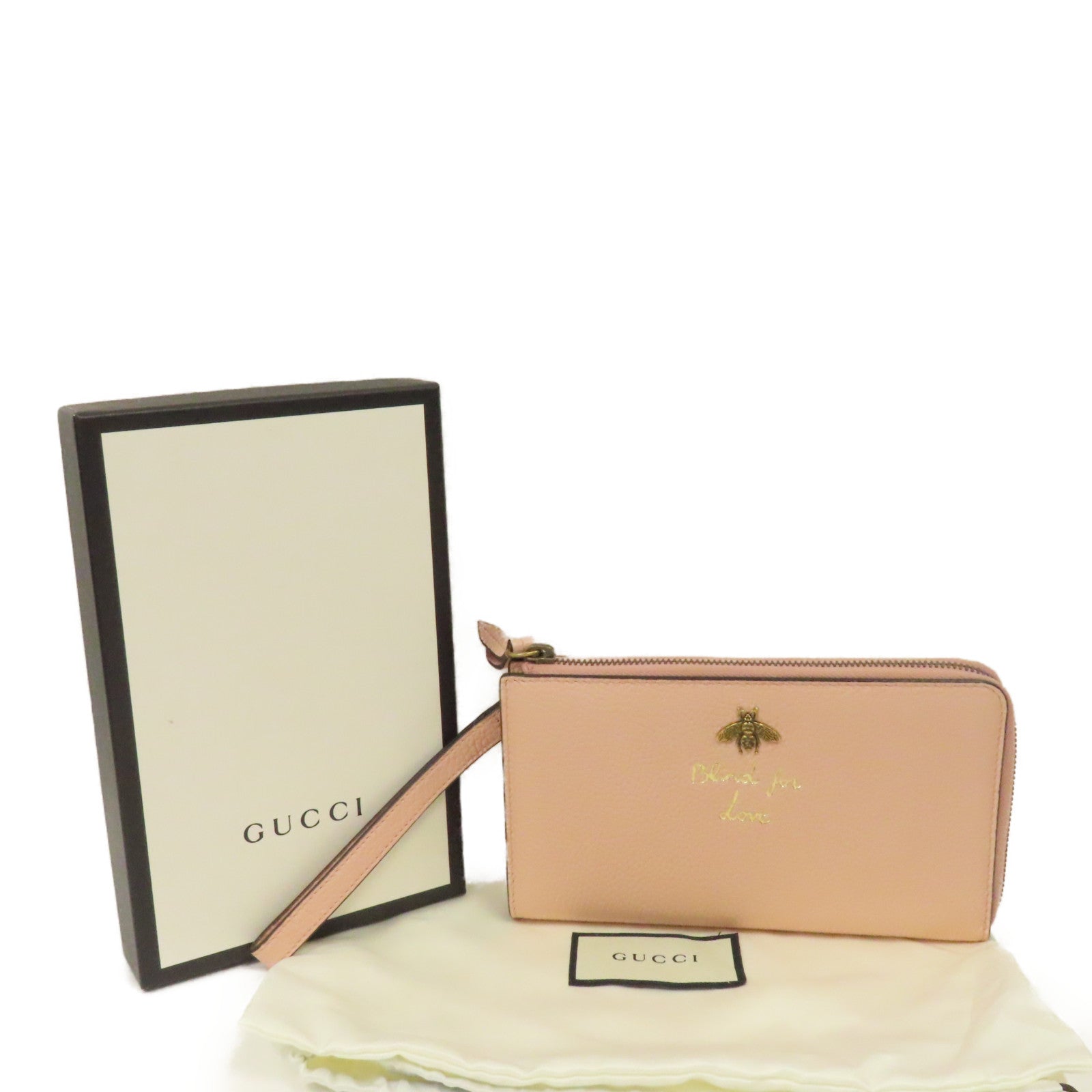 GUCCI 【激減優惠】牛皮皮革Blind For Lobe Wristlet Wallet金扣L形拉鍊長錢包粉紅色