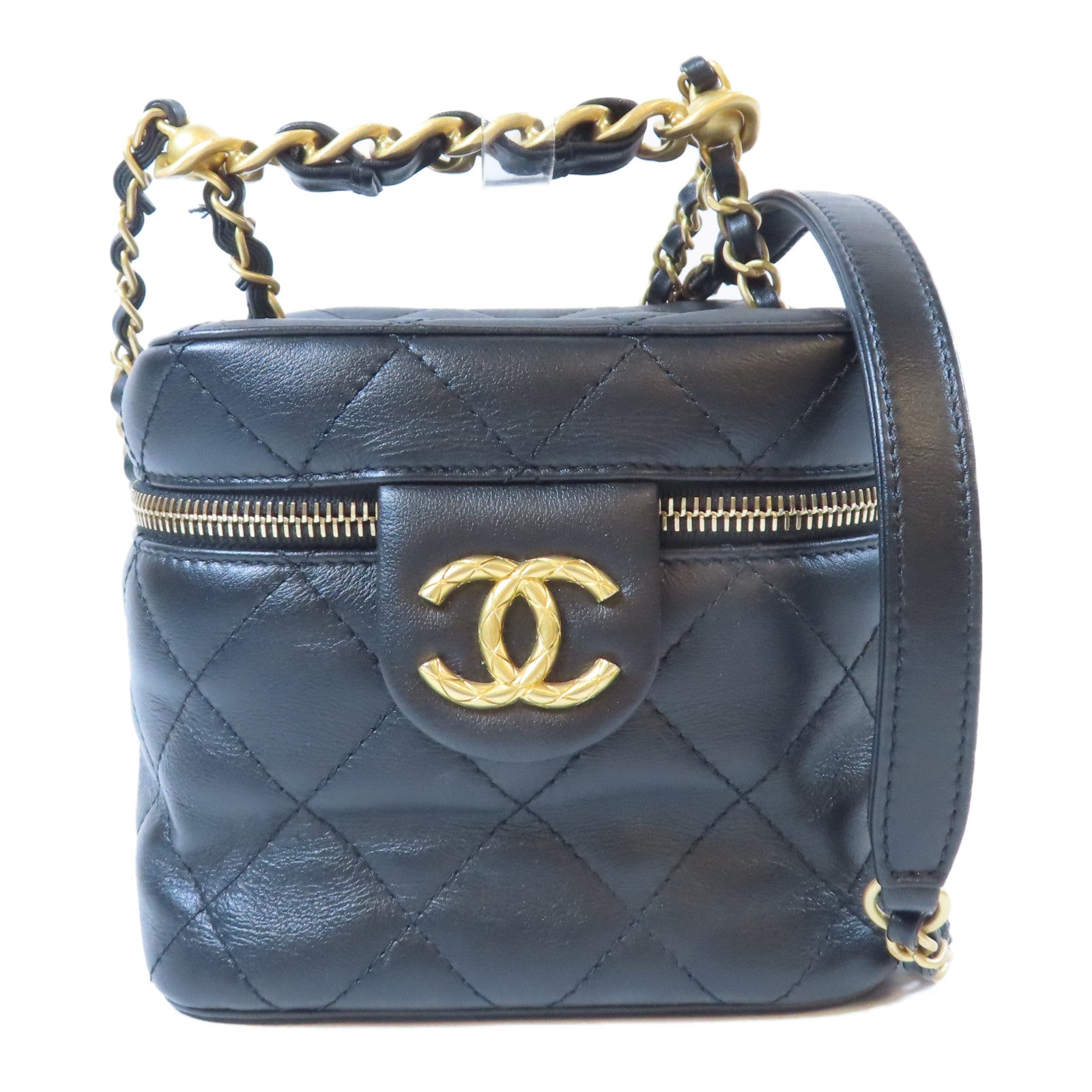 CHANEL 【激減優惠】菱格牛皮皮革Vanity Case金扣鏈帶手挽肩背兩用袋黑色
