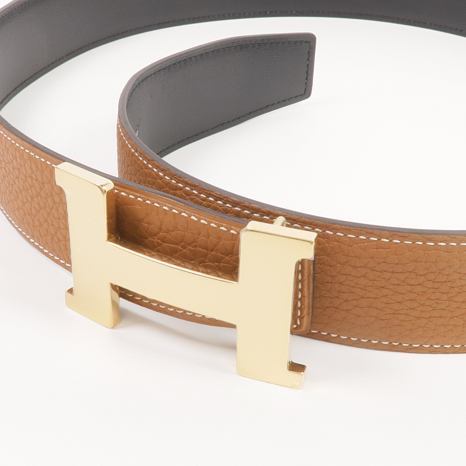 HERMES Togo/Box Calf皮革H Belt金扣皮帶Gold/Noir