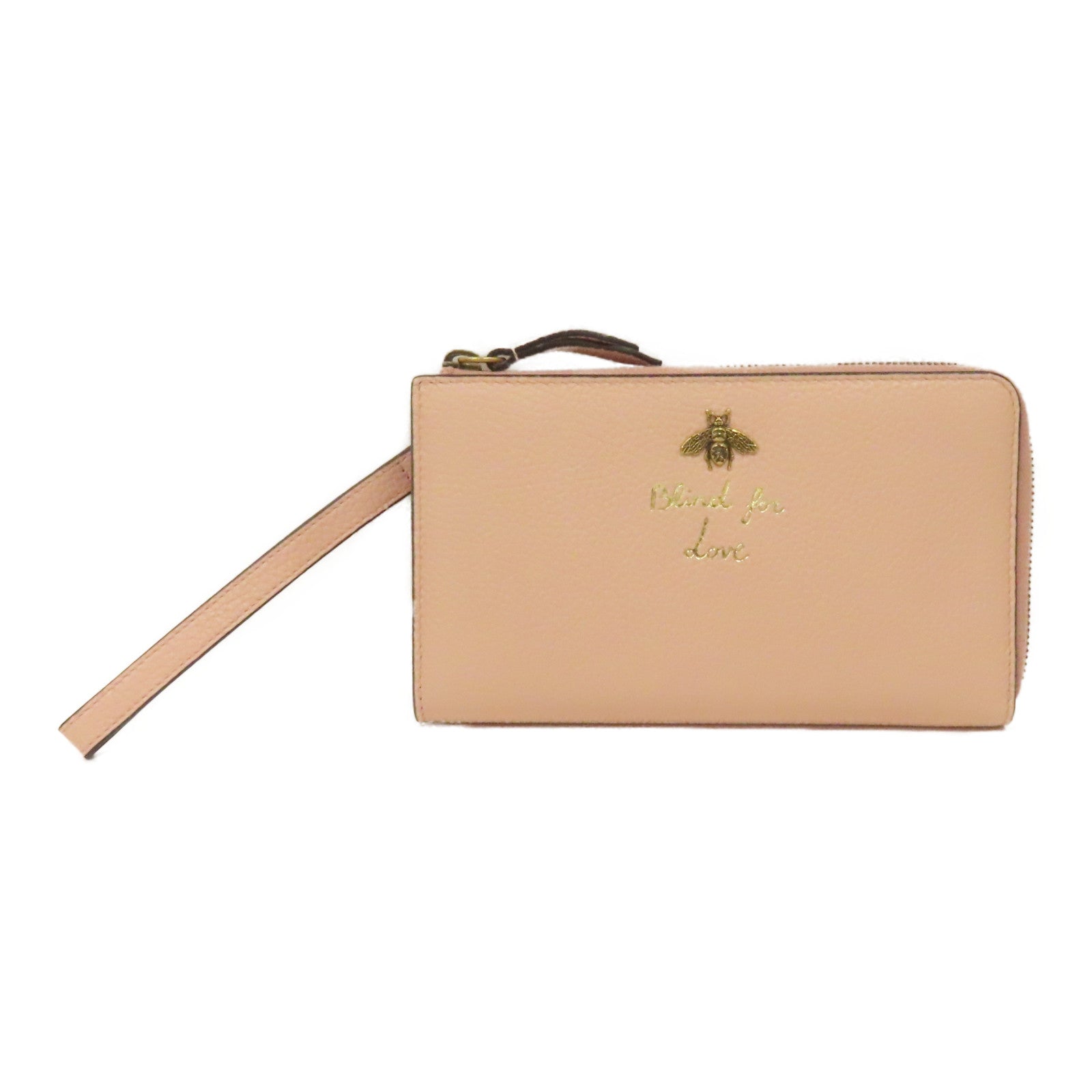 GUCCI 【激減優惠】牛皮皮革Blind For Lobe Wristlet Wallet金扣L形拉鍊長錢包粉紅色