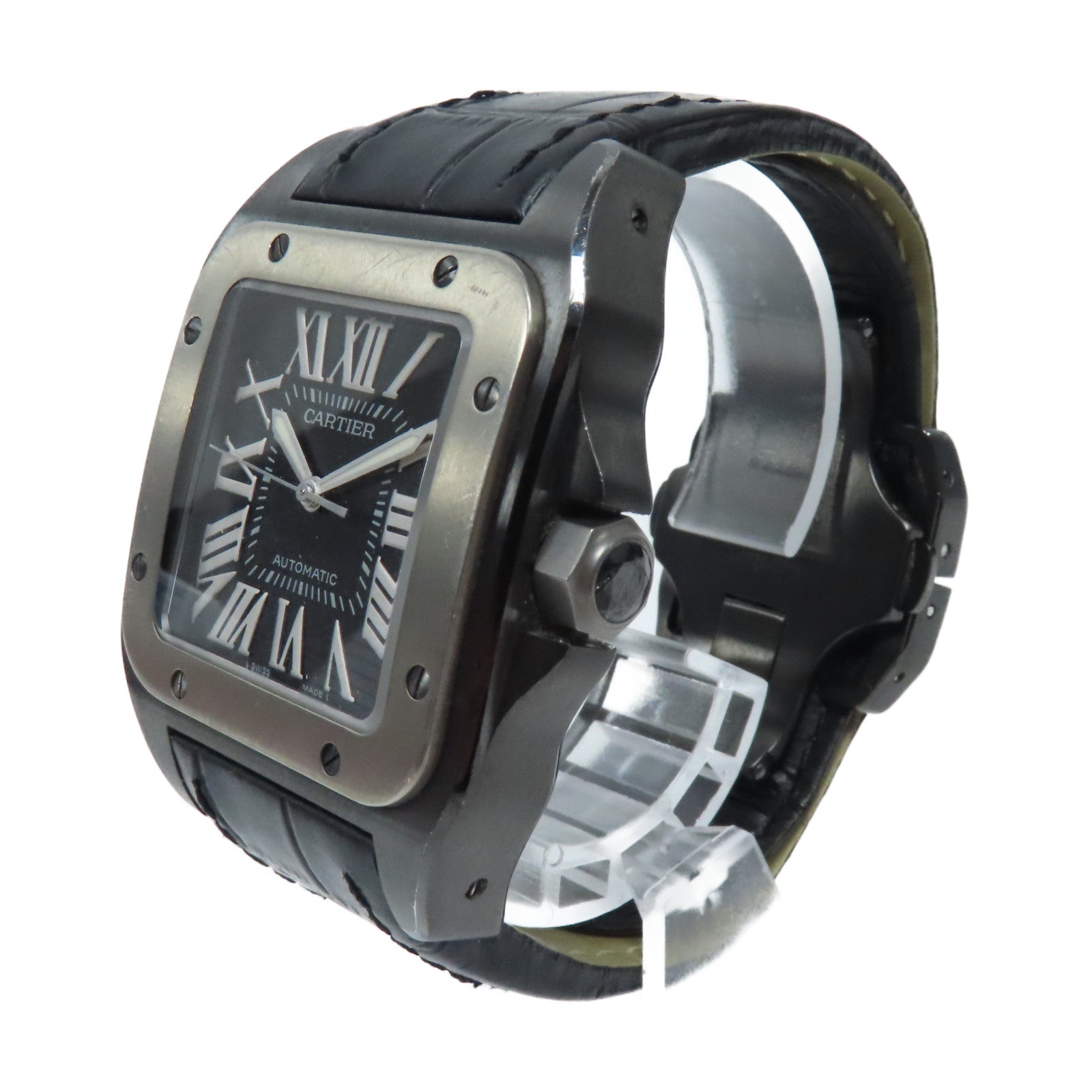 CARTIER Santos 100不鏽鋼/鈦金屬手錶自動機芯黑色