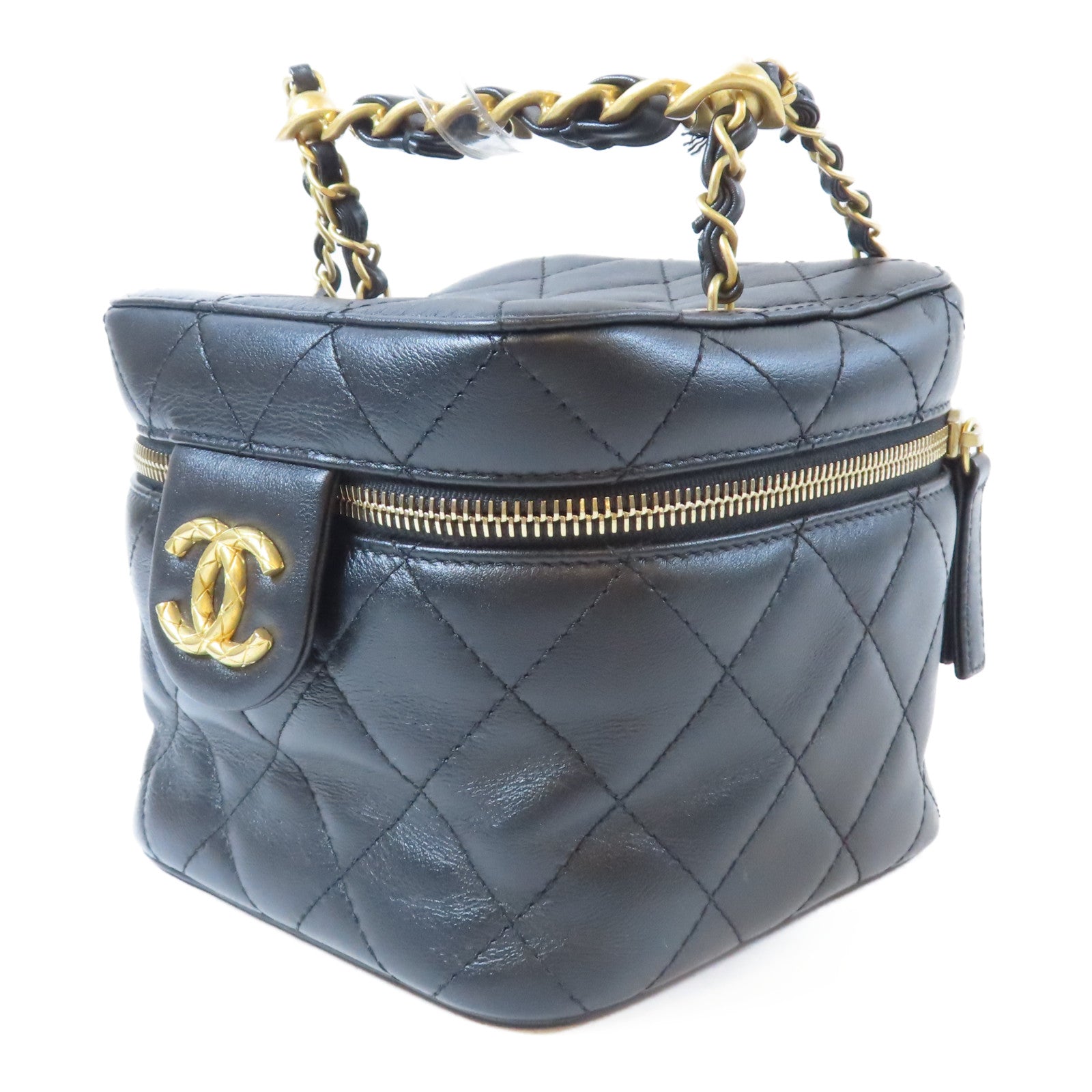 CHANEL 【激減優惠】菱格牛皮皮革Vanity Case金扣鏈帶手挽肩背兩用袋黑色