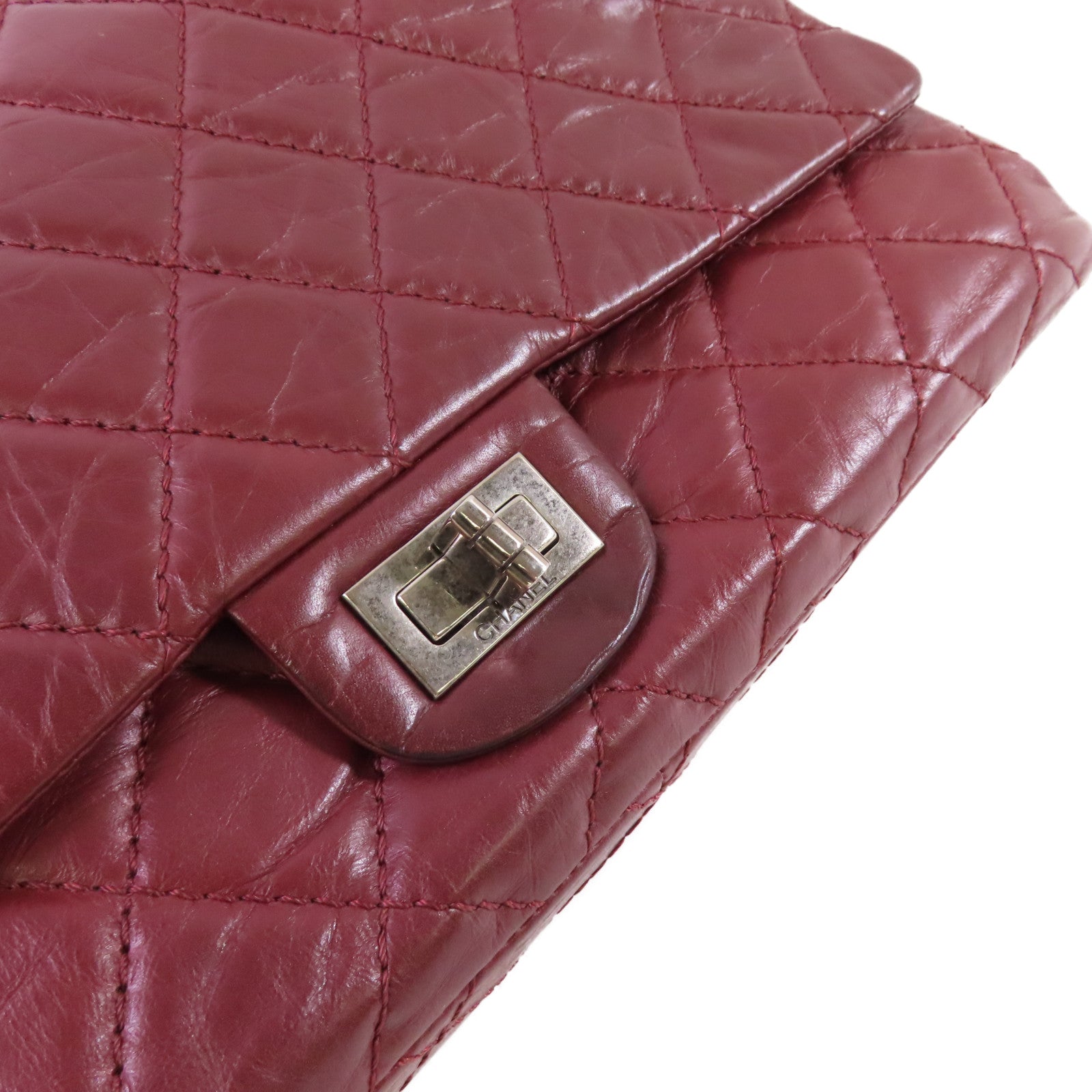 CHANEL 【激減優惠】菱格牛皮皮革Chanel 2.55 Chain Shoulder Bag銀扣鏈帶肩背袋酒紅色