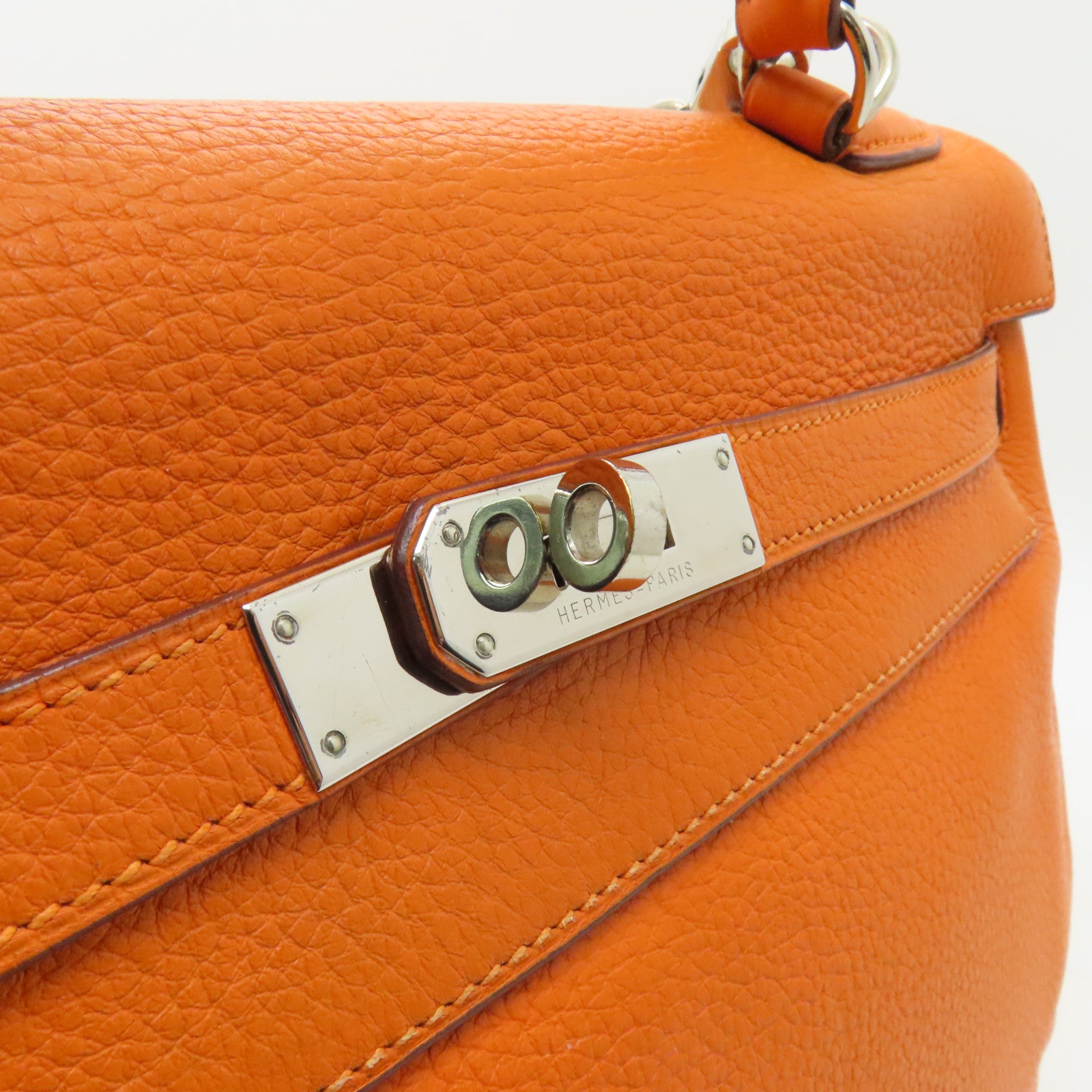 HERMES **【激減優惠】Clemence皮革Kelly 32銀扣手挽肩背兩用袋Orange橙色