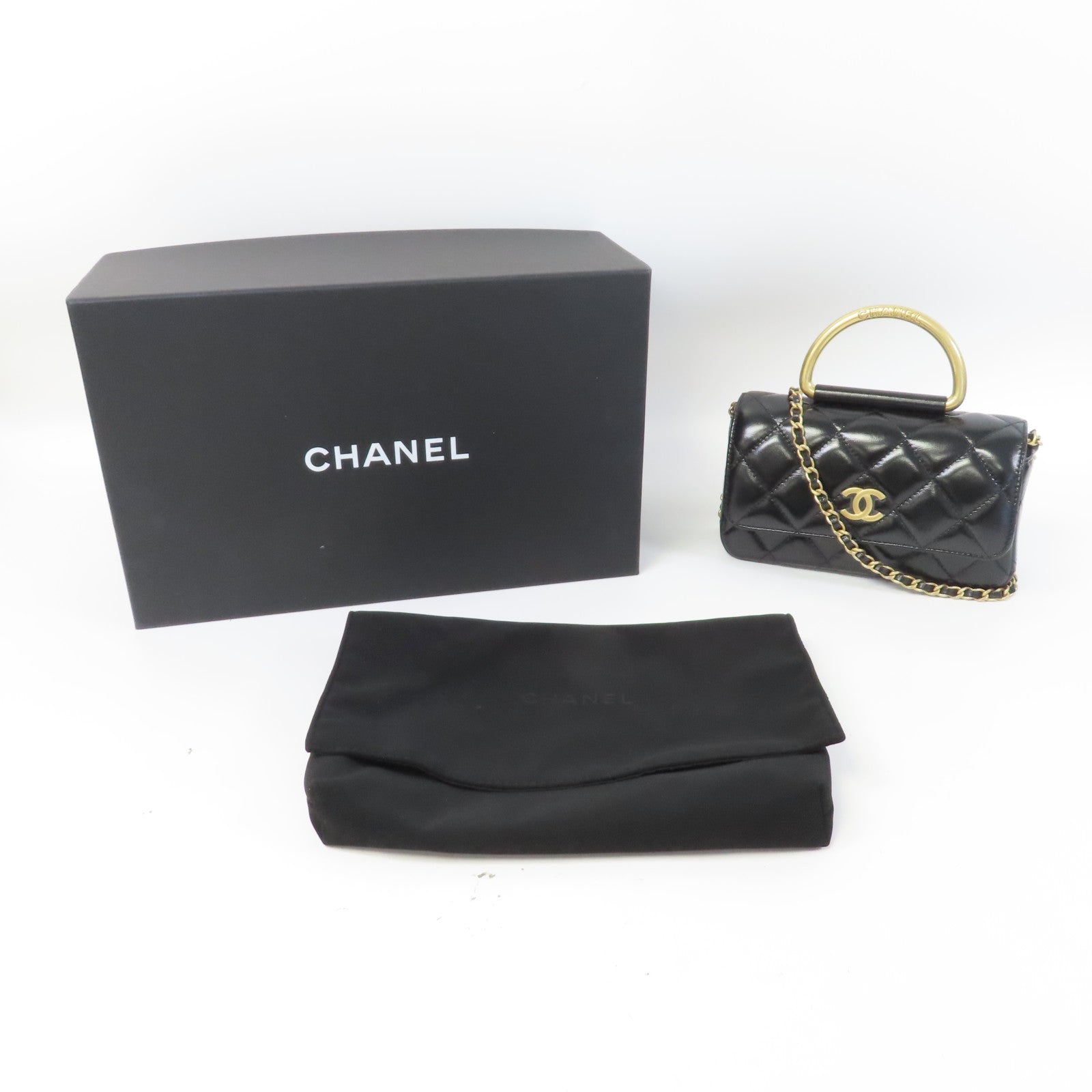 CHANEL 菱格牛皮皮革Chain Shoulder金扣手挽肩背兩用袋黑色