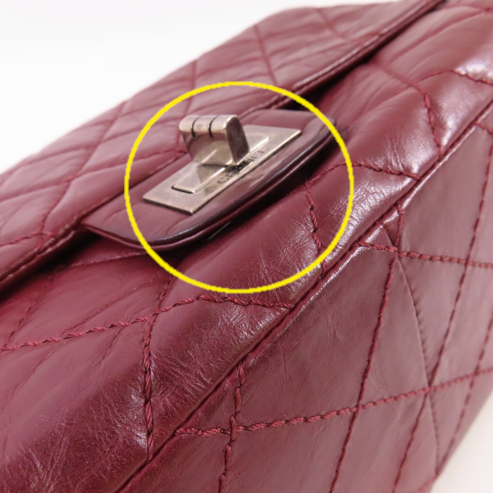 CHANEL 【激減優惠】菱格牛皮皮革Chanel 2.55 Chain Shoulder Bag銀扣鏈帶肩背袋酒紅色