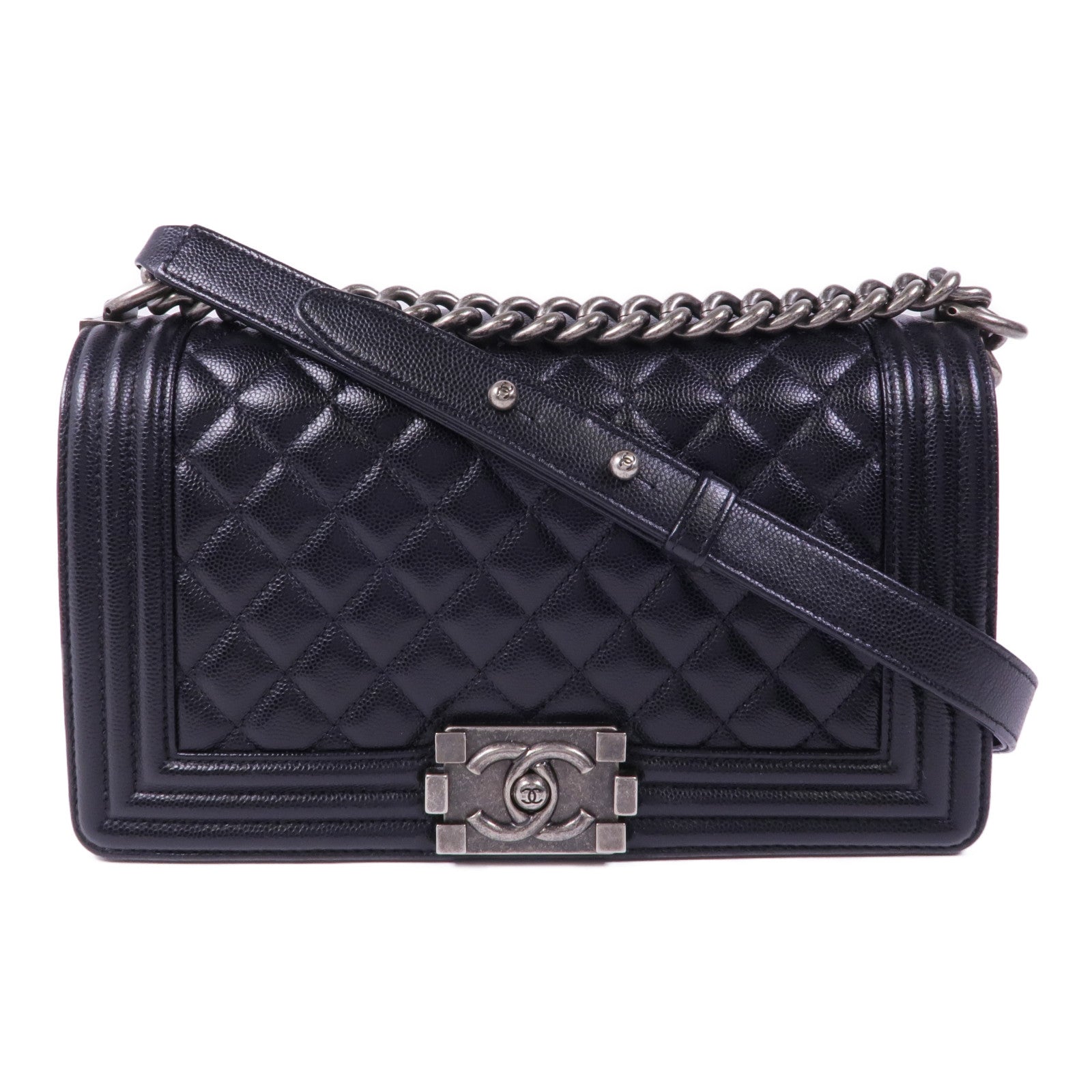 CHANEL 牛皮皮革Boy 25銀扣鏈帶肩背袋