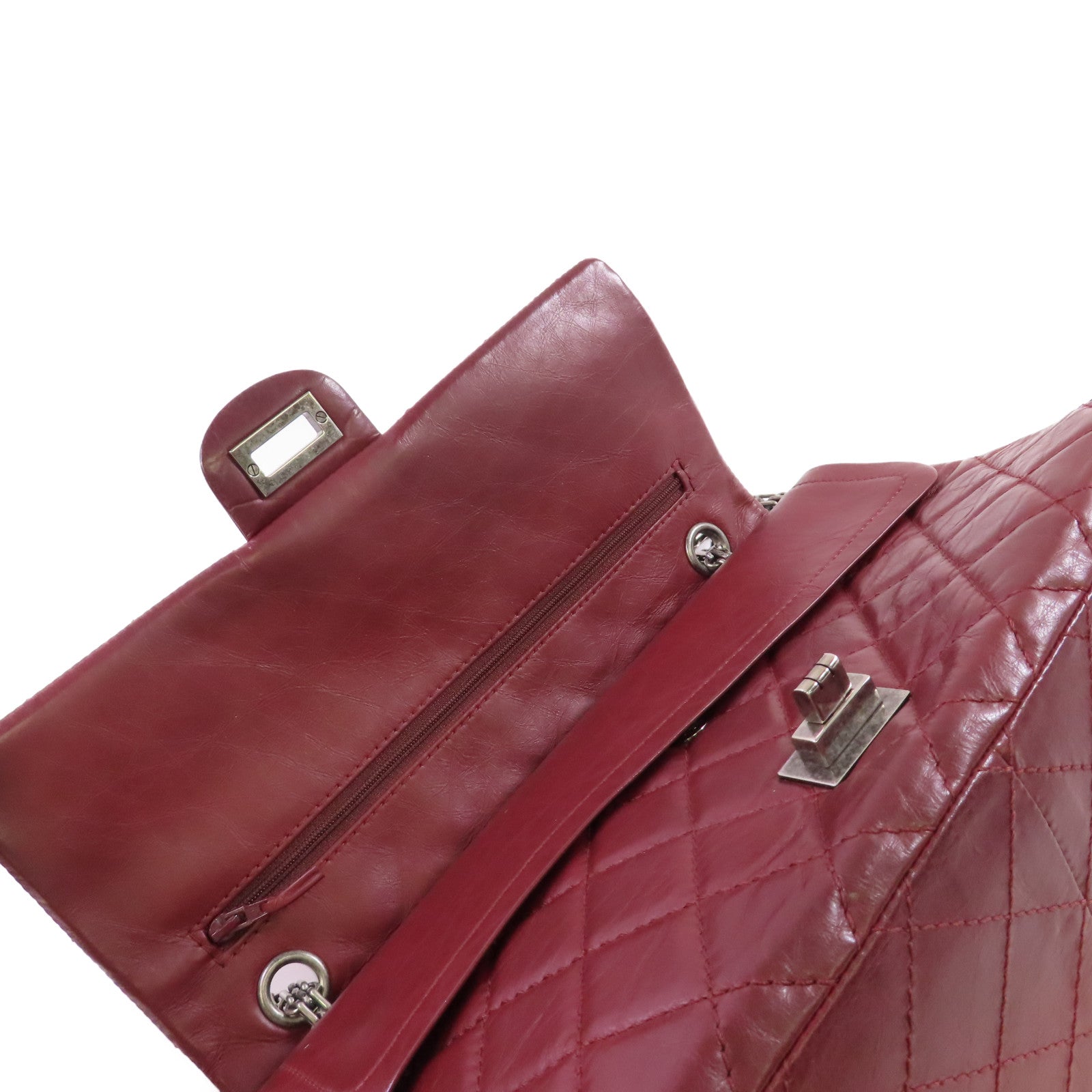 CHANEL 【激減優惠】菱格牛皮皮革Chanel 2.55 Chain Shoulder Bag銀扣鏈帶肩背袋酒紅色