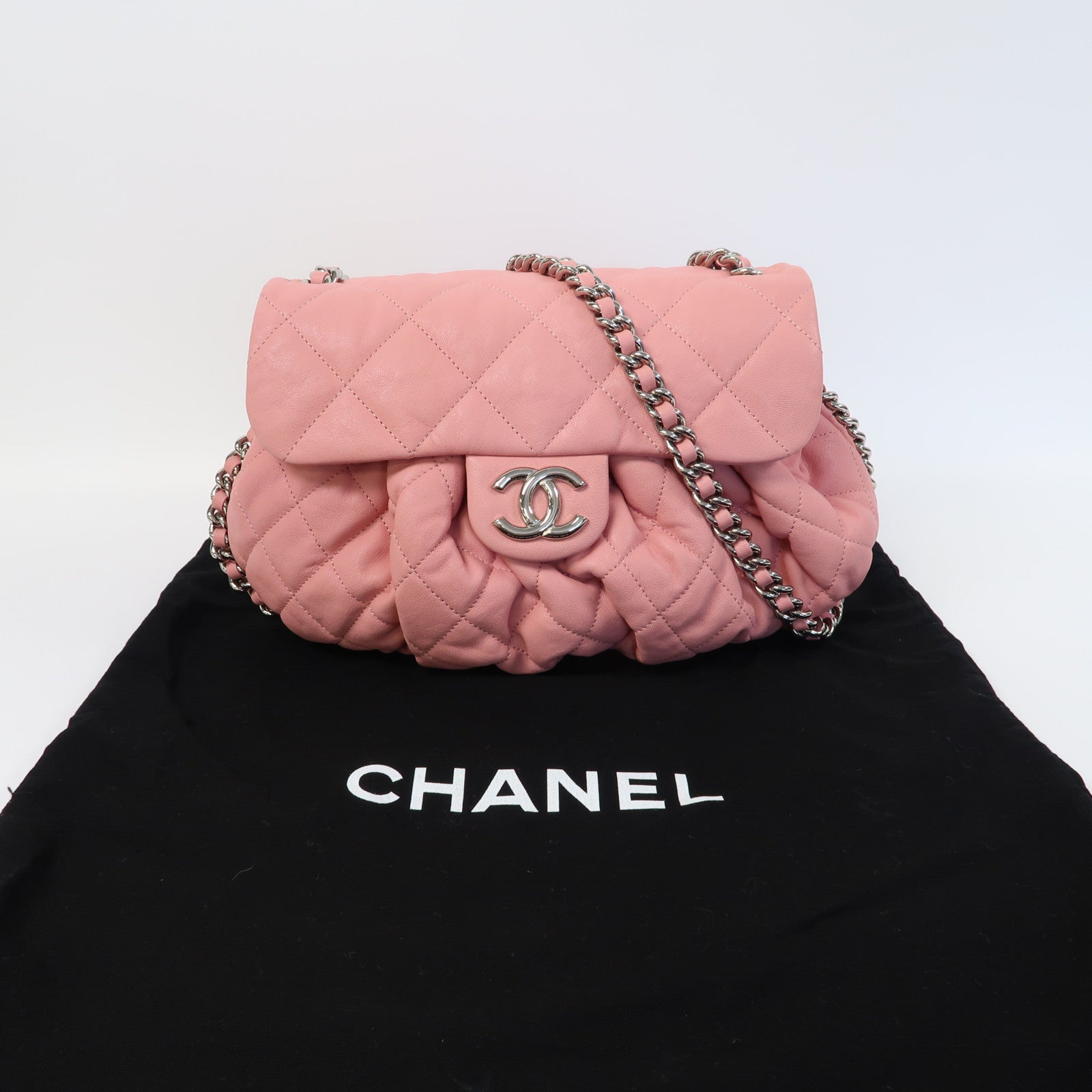 CHANEL 菱格牛皮皮革Chain Shoulder Bag銀扣鏈帶肩背袋粉紅色