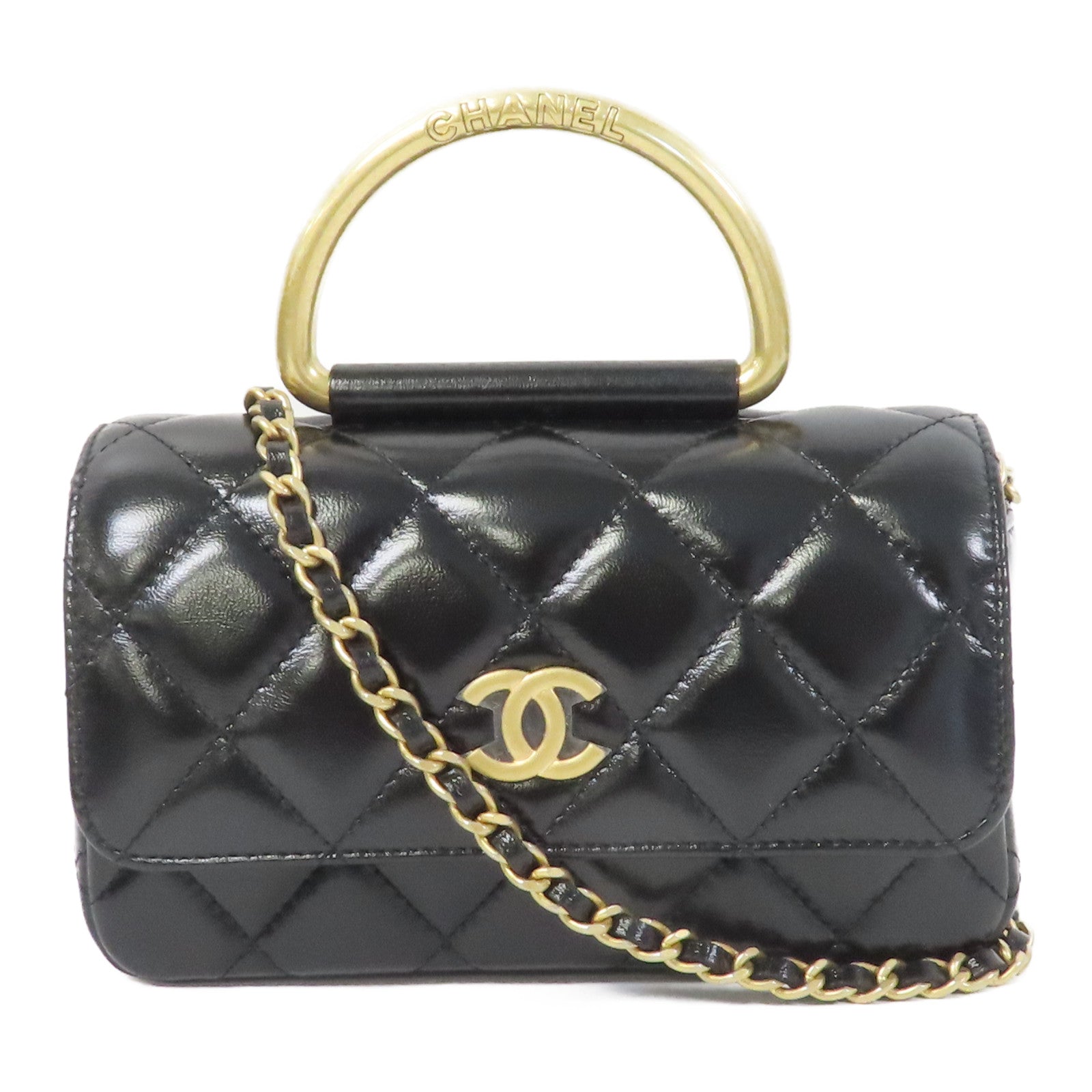 CHANEL 菱格牛皮皮革Chain Shoulder金扣手挽肩背兩用袋黑色