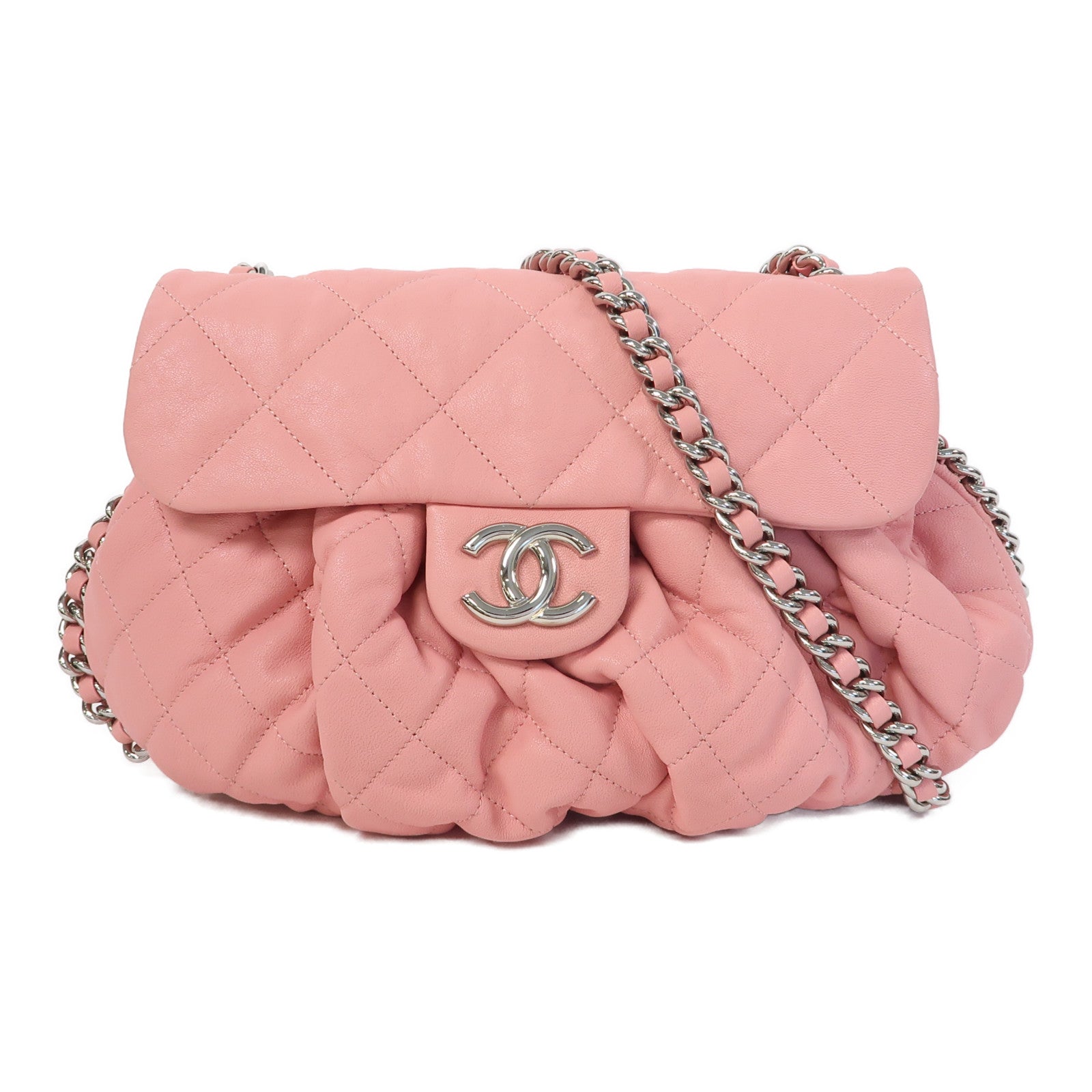 CHANEL 菱格牛皮皮革Chain Shoulder Bag銀扣鏈帶肩背袋粉紅色
