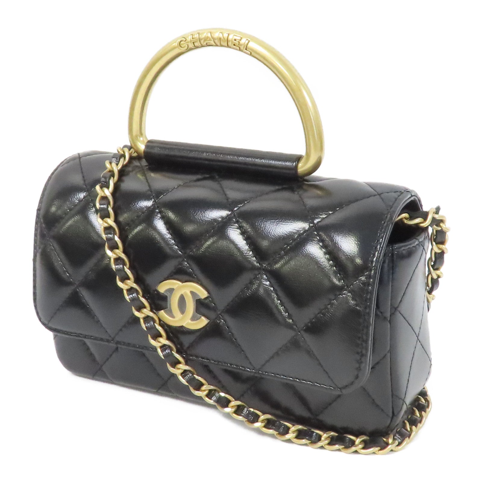 CHANEL 菱格牛皮皮革Chain Shoulder金扣手挽肩背兩用袋黑色