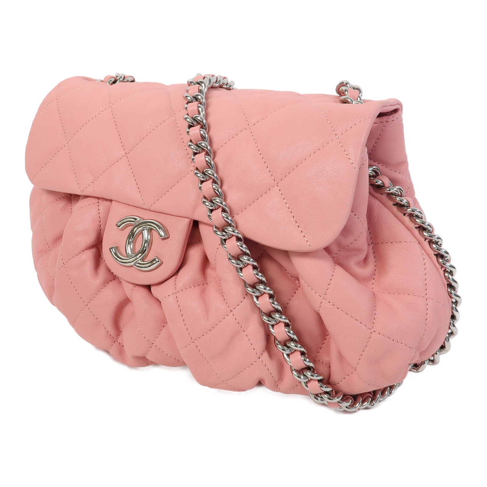 CHANEL 菱格牛皮皮革Chain Shoulder Bag銀扣鏈帶肩背袋粉紅色