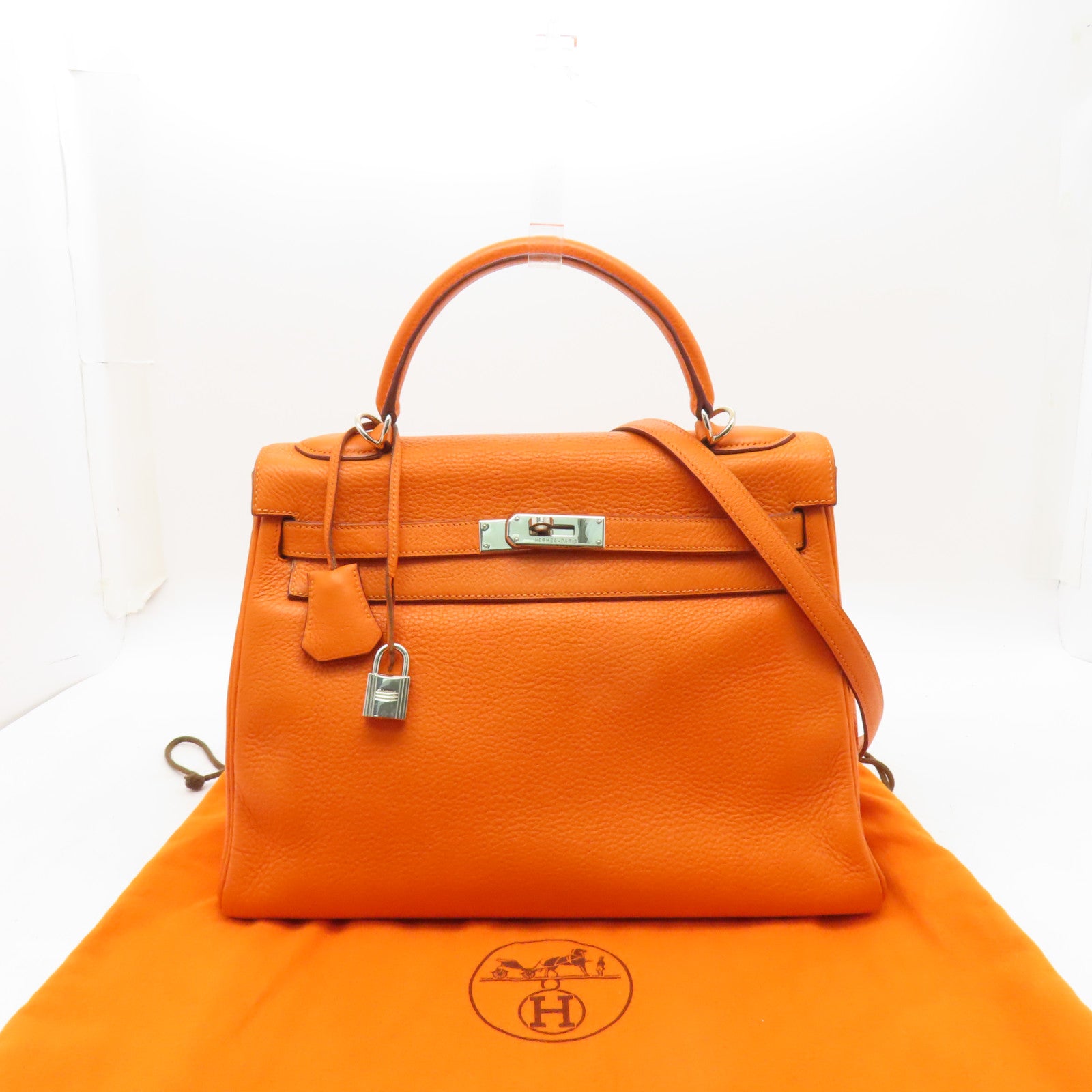 HERMES **【激減優惠】Clemence皮革Kelly 32銀扣手挽肩背兩用袋Orange橙色