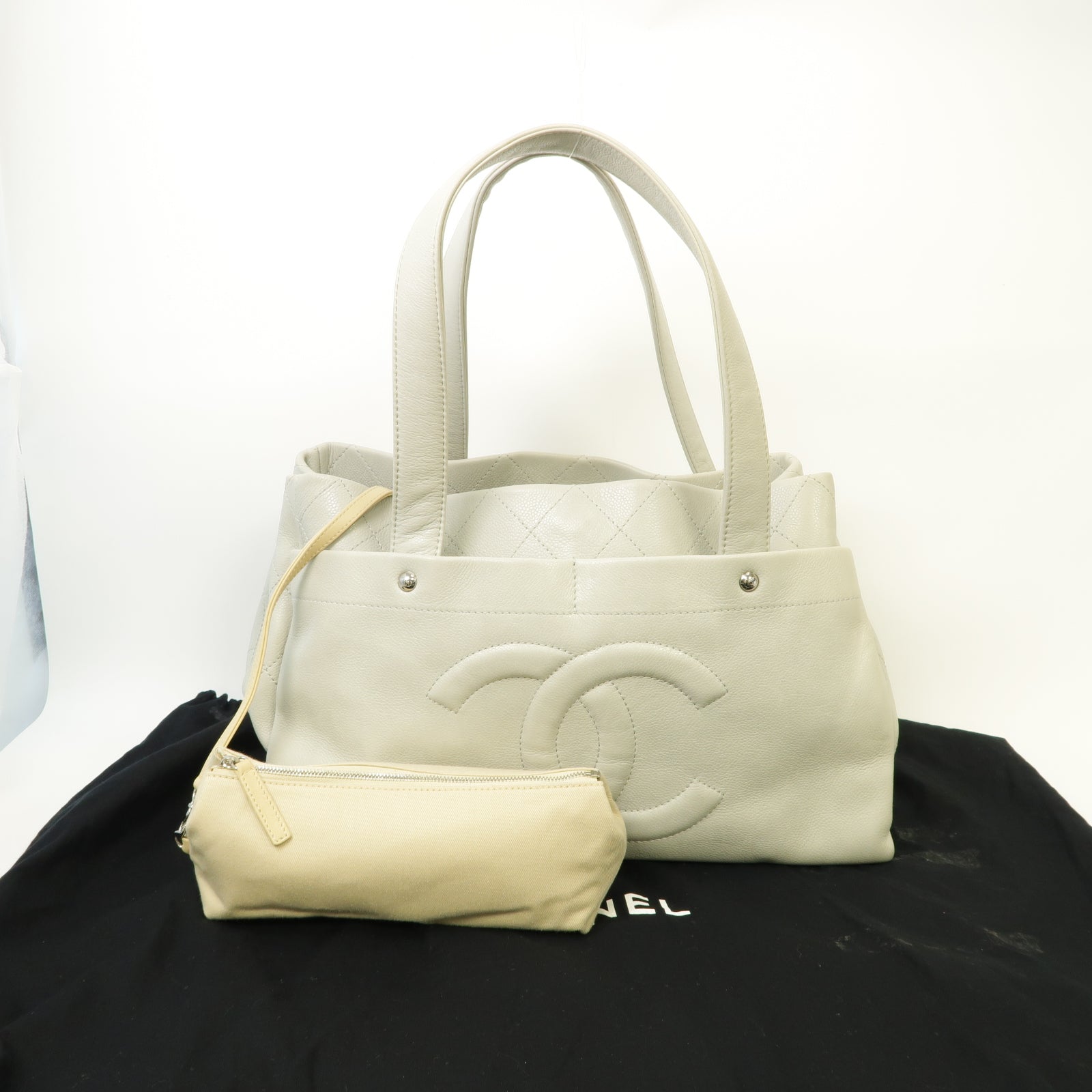 CHANEL 菱格牛皮皮革Tote Bag銀扣手挽袋灰色