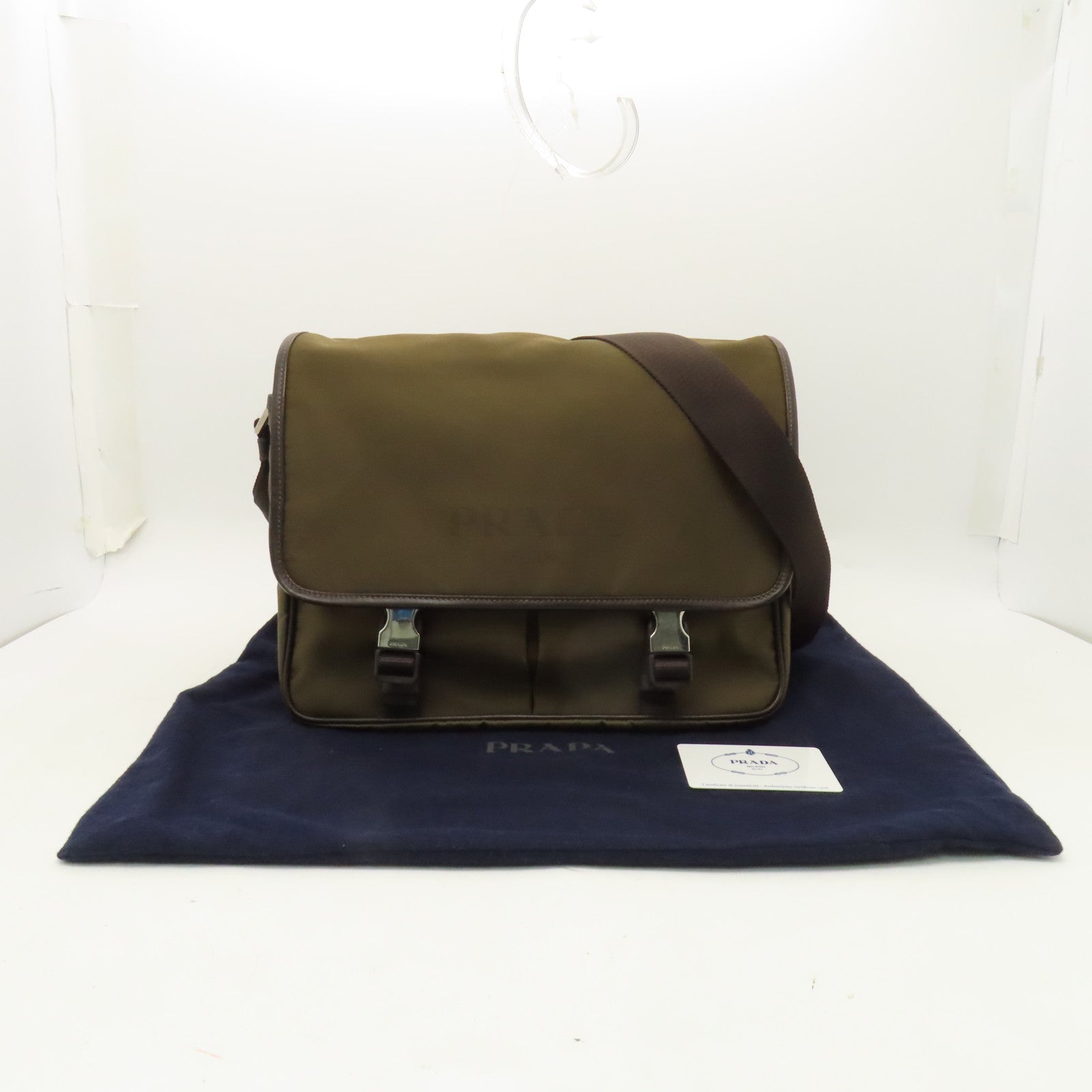 PRADA 【激減優惠】尼龍Tessuto Logo Messenger Bag銀扣肩背袋啡色