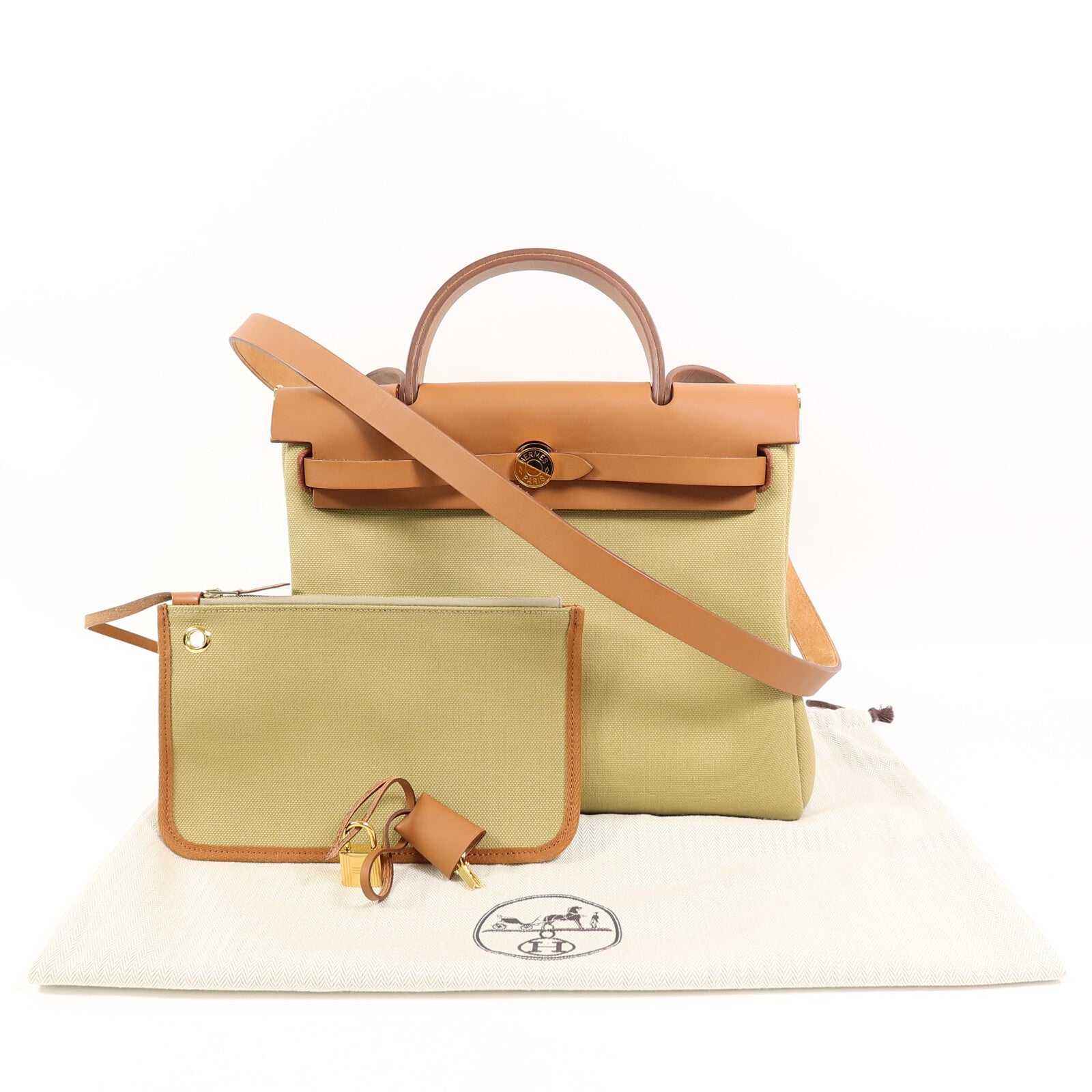 HERMES 帆布Herbag PM肩背袋Poussiere/Fauve
