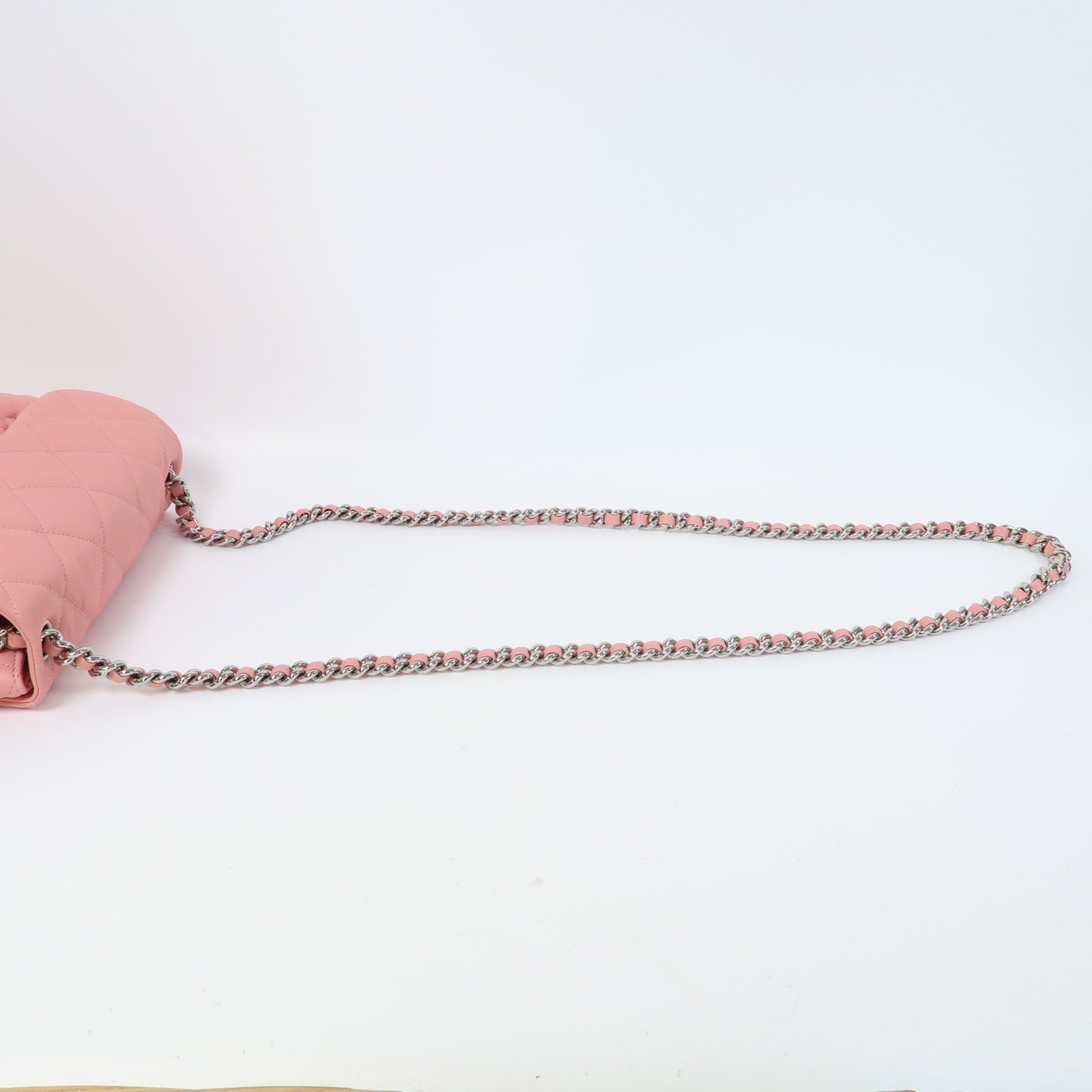 CHANEL 菱格牛皮皮革Chain Shoulder Bag銀扣鏈帶肩背袋粉紅色