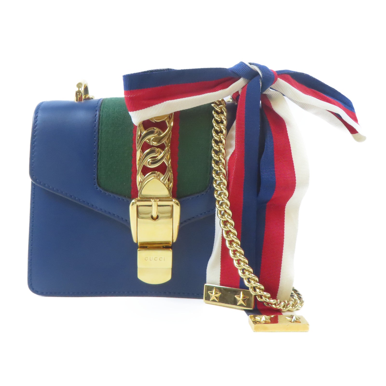 GUCCI 【激減優惠】牛皮皮革Sylvie Mini Bag金扣鏈帶肩背袋藍色