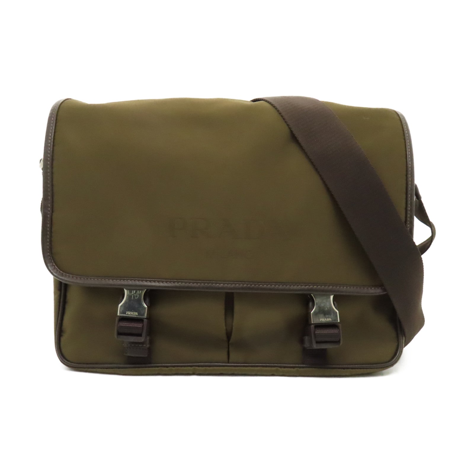 PRADA 【激減優惠】尼龍Tessuto Logo Messenger Bag銀扣肩背袋啡色