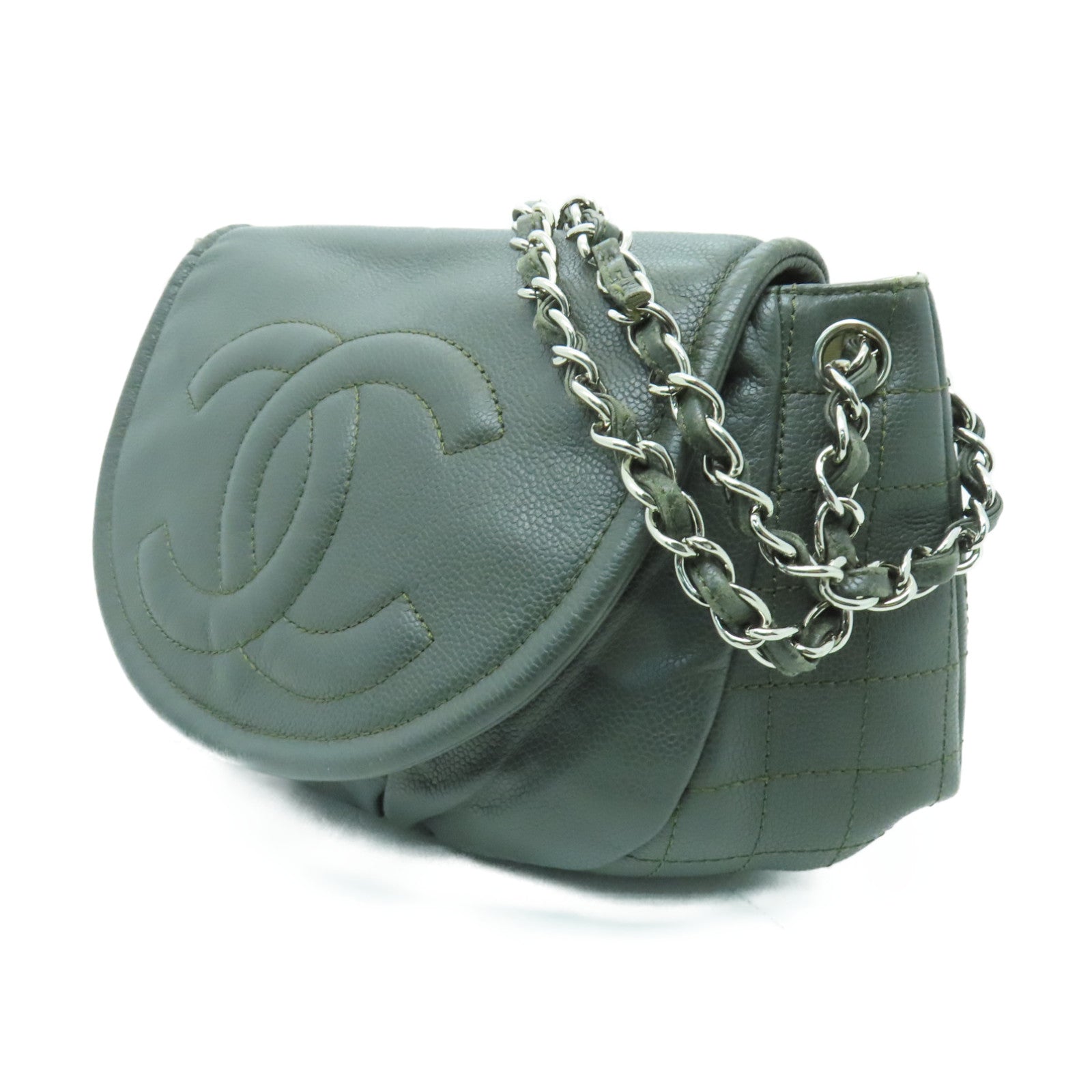 CHANEL 【激減優惠】牛皮皮革Chain Shoulder銀扣鏈帶肩背袋綠色