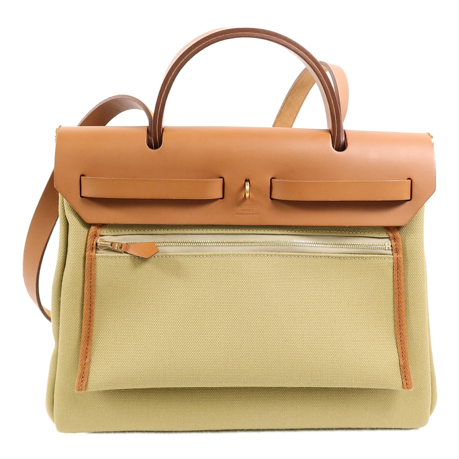 HERMES 帆布Herbag PM肩背袋Poussiere/Fauve