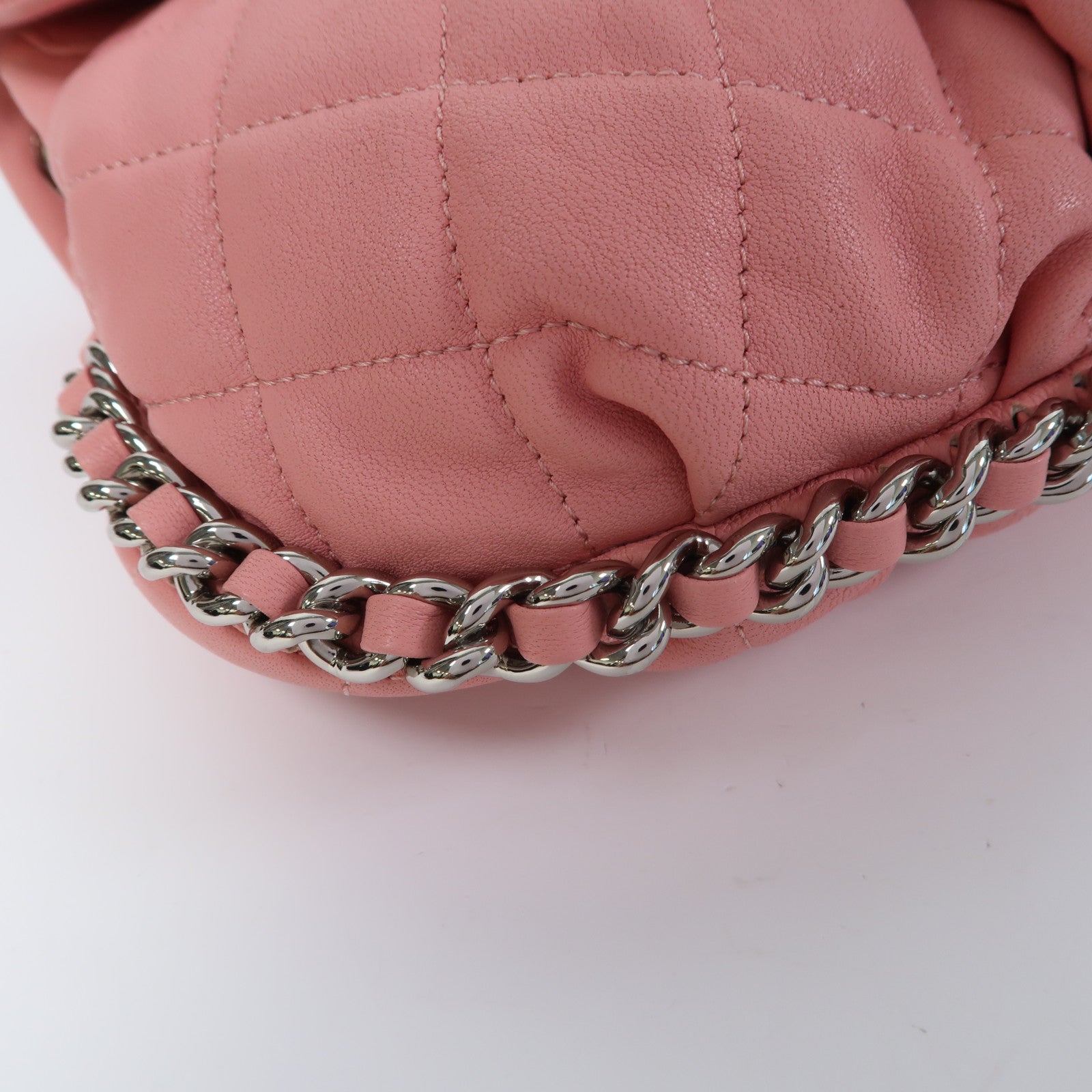 CHANEL 菱格牛皮皮革Chain Shoulder Bag銀扣鏈帶肩背袋粉紅色