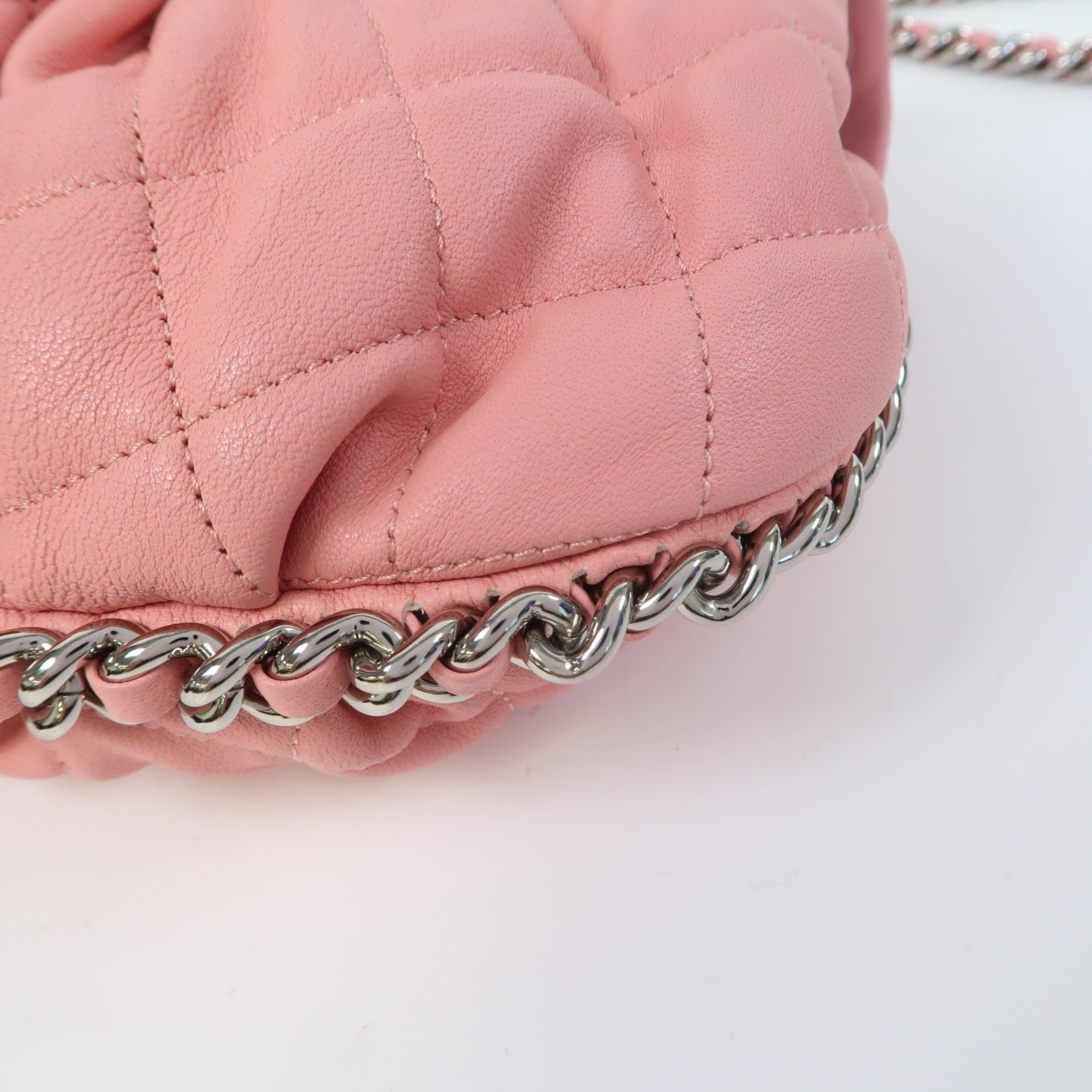 CHANEL 菱格牛皮皮革Chain Shoulder Bag銀扣鏈帶肩背袋粉紅色