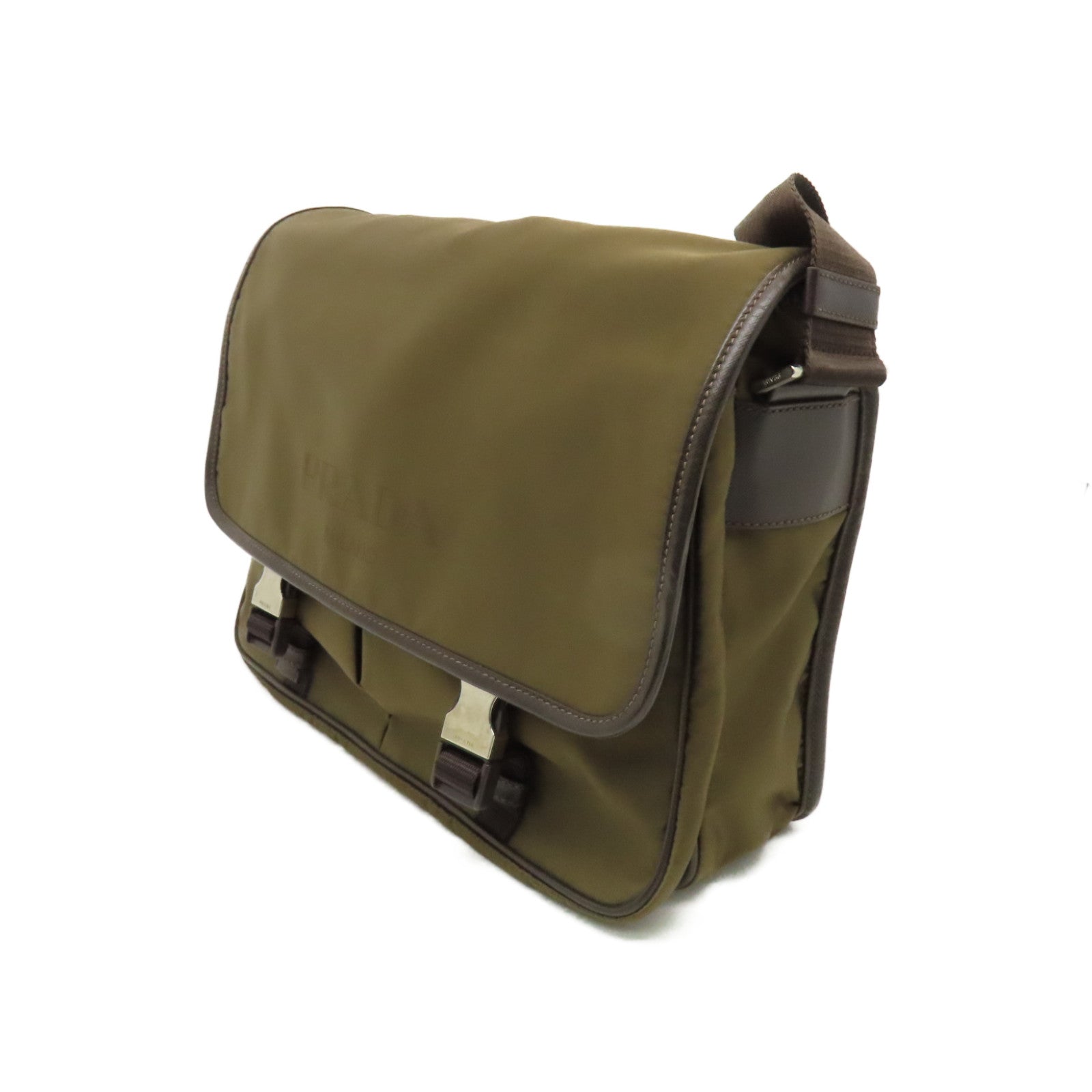 PRADA 【激減優惠】尼龍Tessuto Logo Messenger Bag銀扣肩背袋啡色