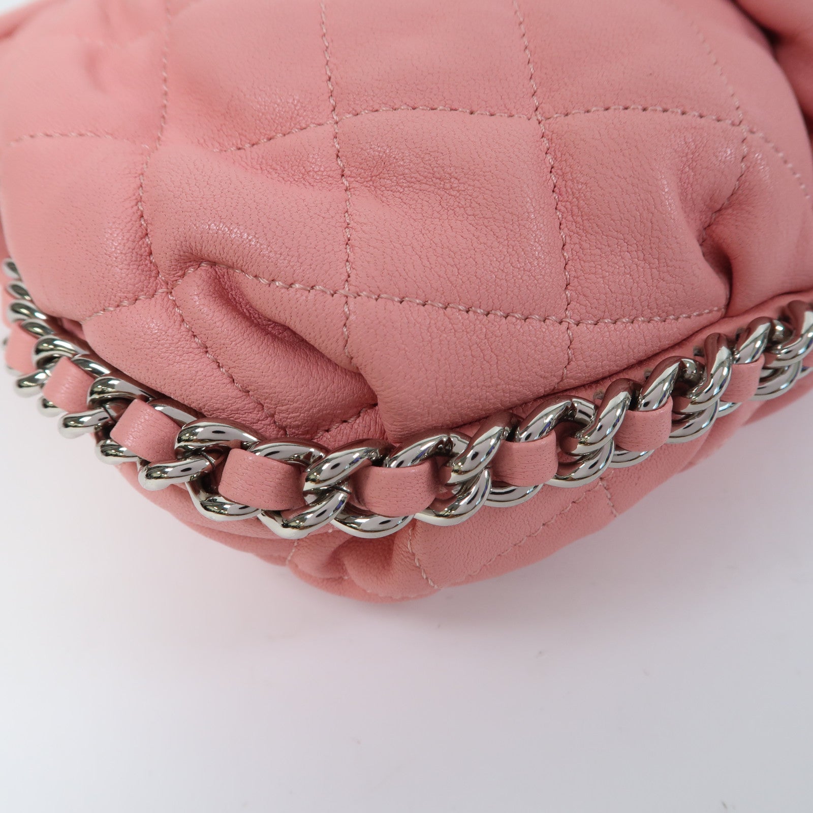 CHANEL 菱格牛皮皮革Chain Shoulder Bag銀扣鏈帶肩背袋粉紅色
