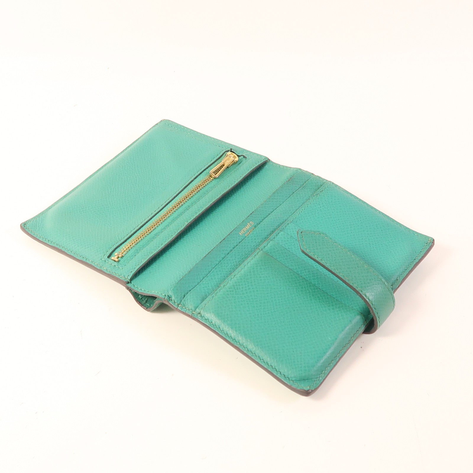 HERMES Epsom皮革Bearn Compact金扣錢包Vert Jade