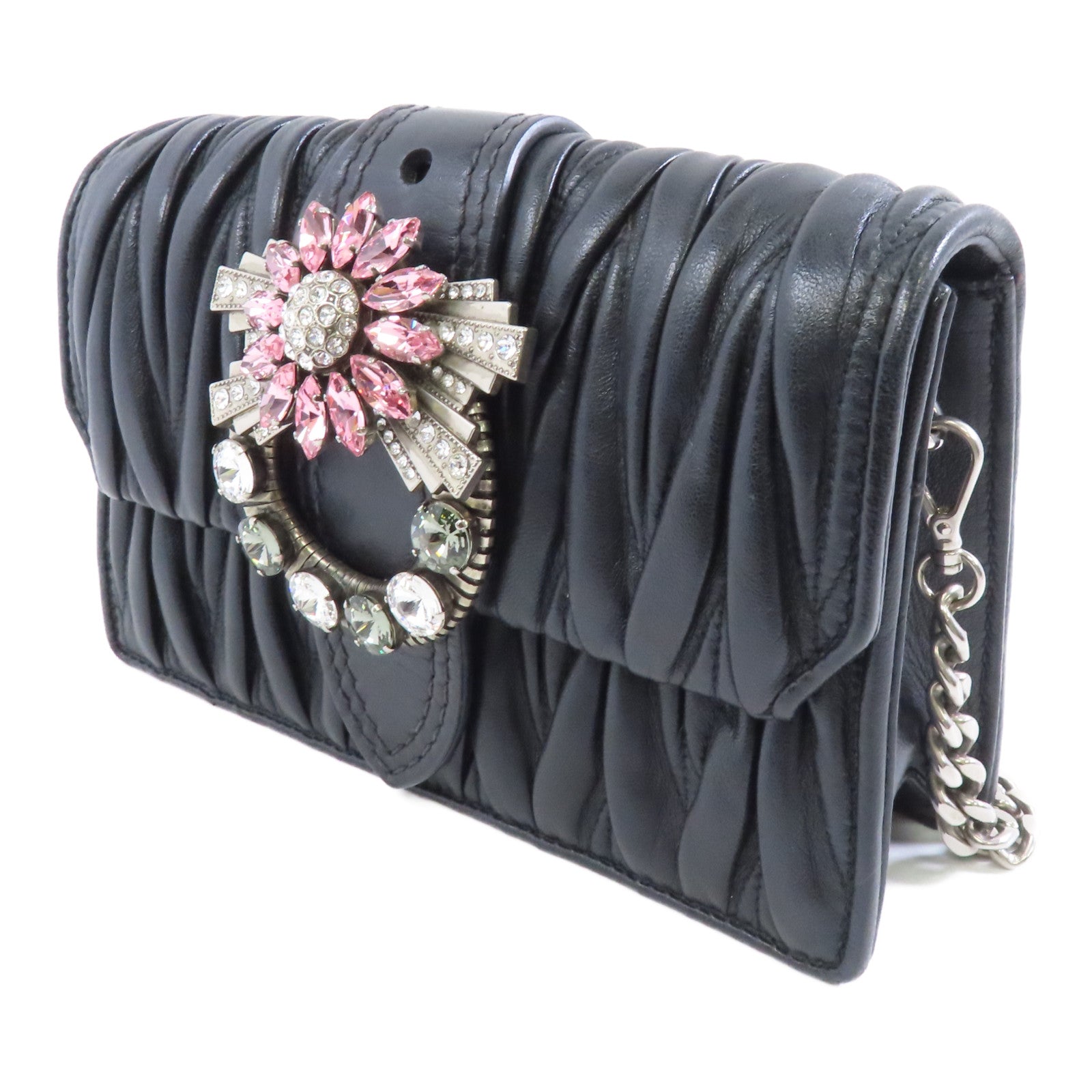 Miu Miu 羊皮皮革Chain Shoulder Bag銀扣鏈帶肩背袋黑色
