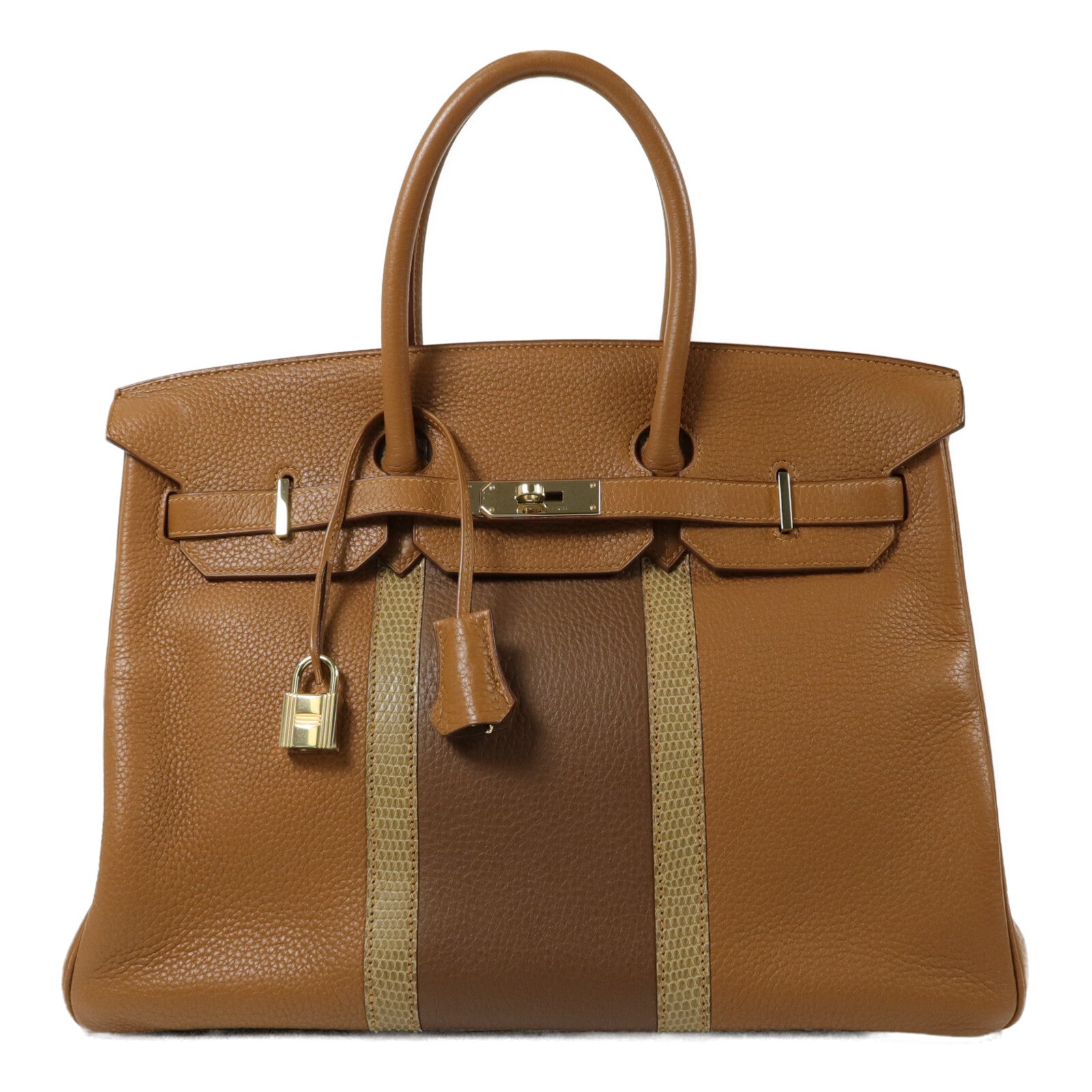 HERMES Clemence皮革/Lizard皮革Birkin 35手挽袋Gold/Marron