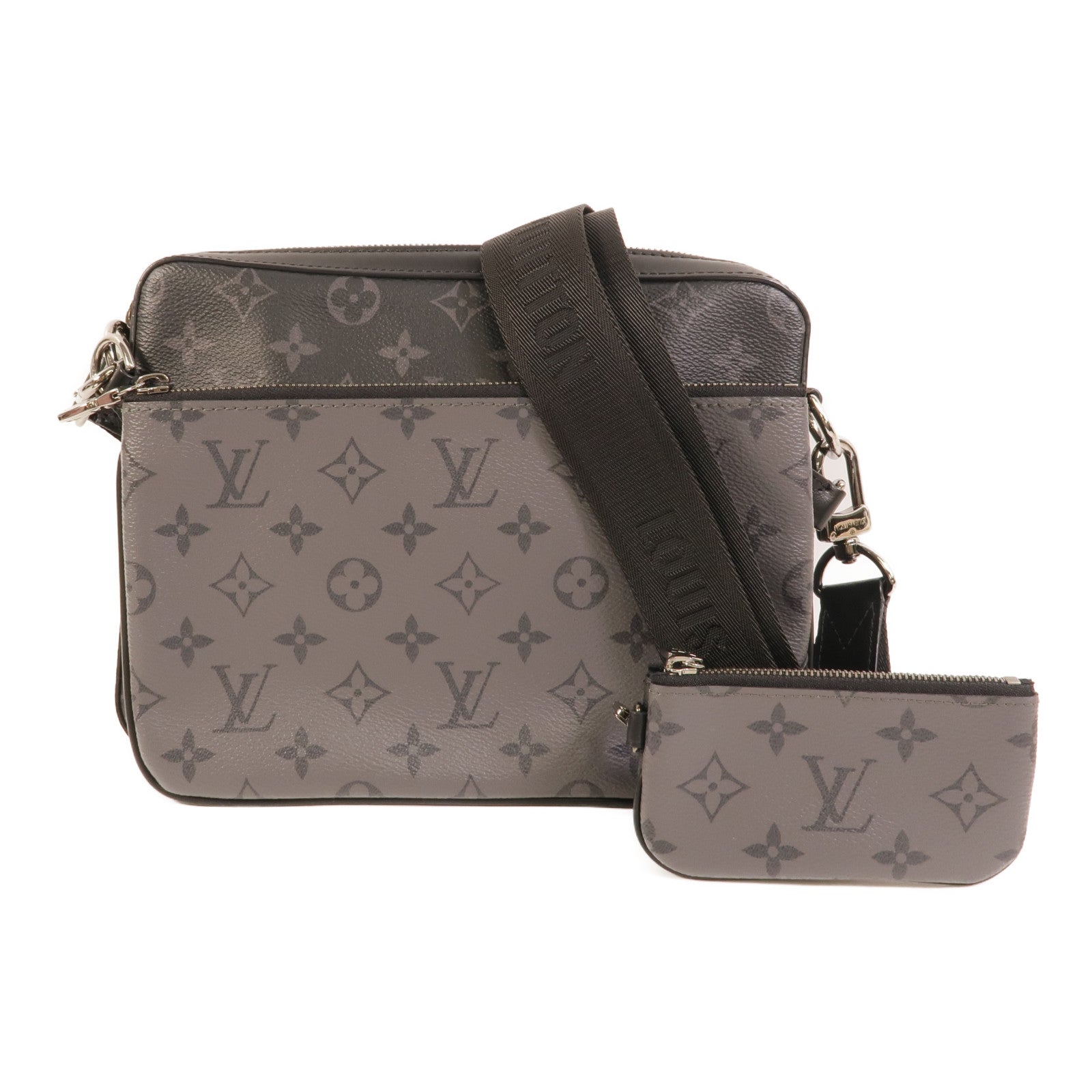 LOUIS VUITTON Monogram Eclipse Reverse Trio Messenger銀扣肩背袋灰色
