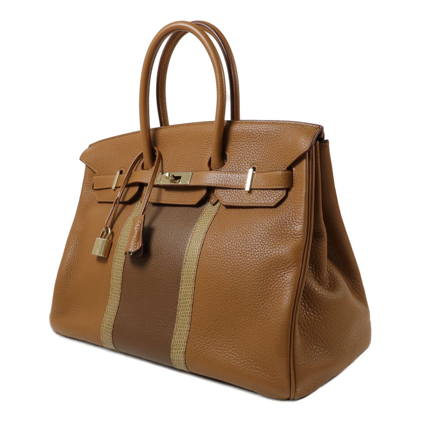 HERMES Clemence皮革/Lizard皮革Birkin 35手挽袋Gold/Marron